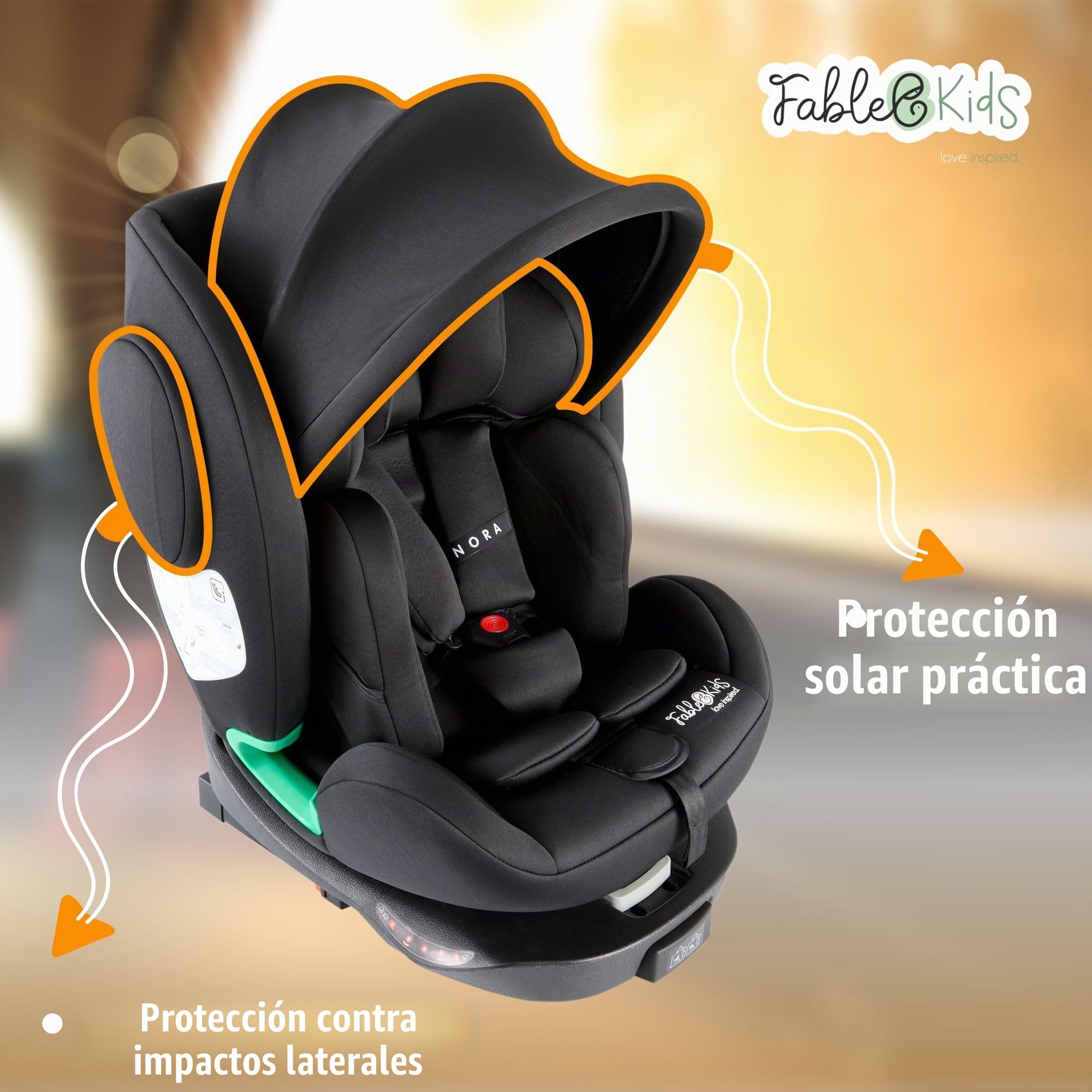 FableKids NORA Asiento infantil negro | Giratorio 360° i-Size asiento infantil 40 – 150 cm | Reboarder con ISOFIX y pata de apoyo | Reposacabezas y respaldo ajustables en altura | Certificado ECE R129