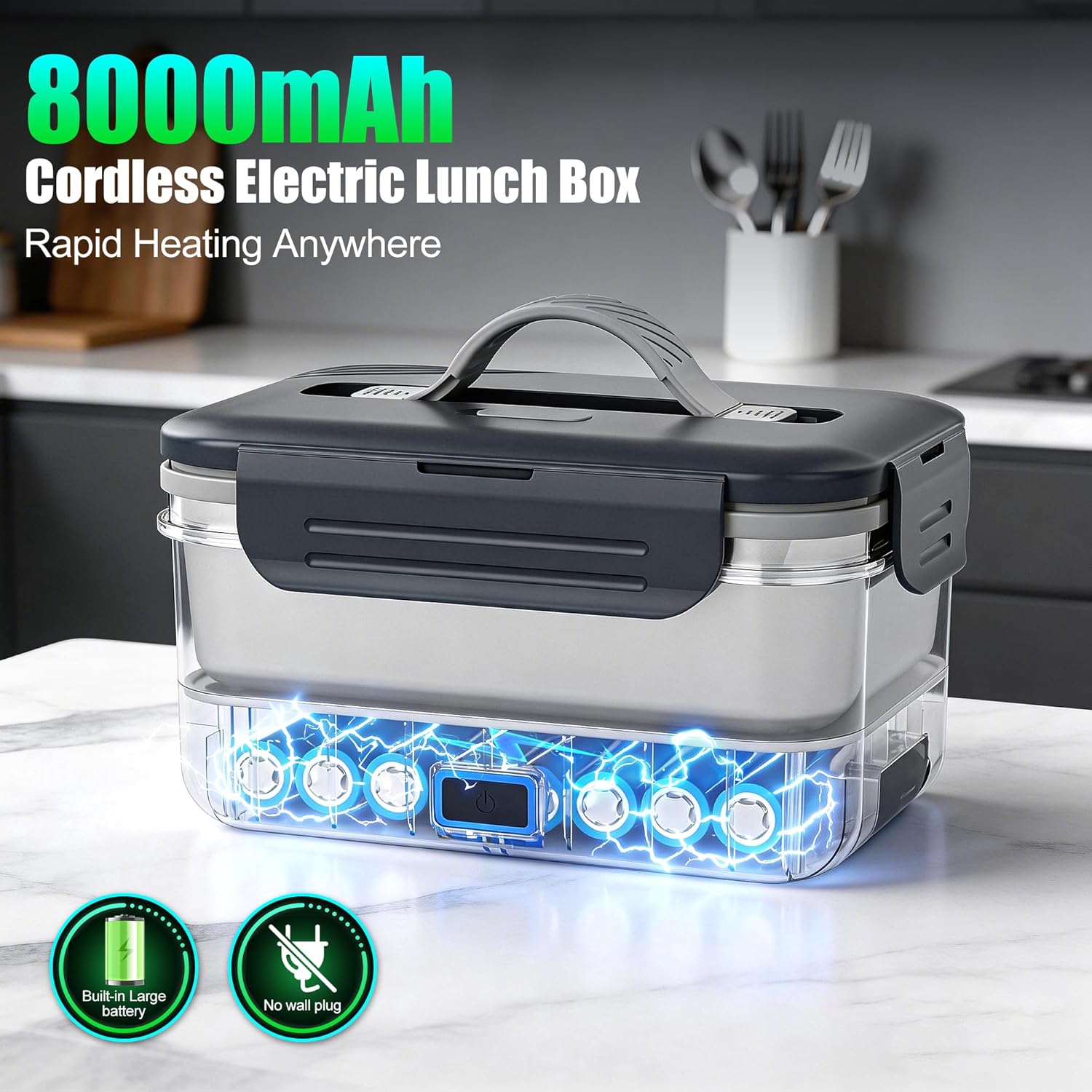 Akhia 7.6 Cups Cordless Electric Lunch Box for Adults, 8000mah Rechargeable Lunch Box with Automatic Heating, Gray Cordless Battery Powered Heated Lunch Box for Office/Outdoor/Truck Gift for Men Women