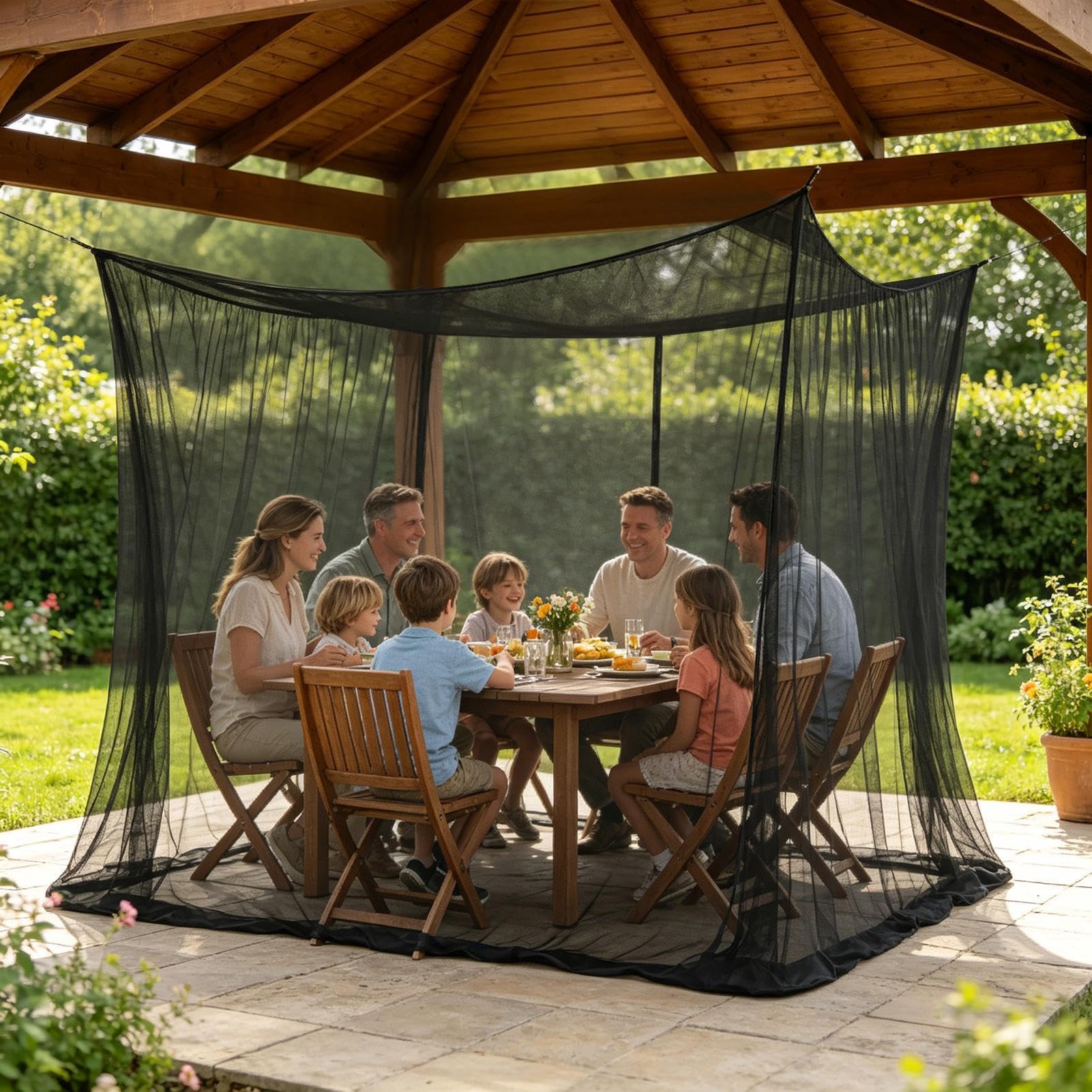 Zanzariera a baldacchino esterno 3 x 3 x 2,5 m quadrata con 4 angoli | Zanzariera Per Lettino Da Campeggio Per Tavoli, Sedie, Sotto Gazebo, Matrimoniale, Giardino, Terrazza E Patio