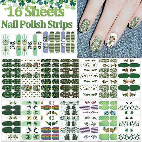 Miniatura 2 de SILPECWEE 16 hojas de envolturas de uñas del día de San Patricio para mujer calcomanías de esmalte de uñas de gel tiras de uñas de tréboles duendes