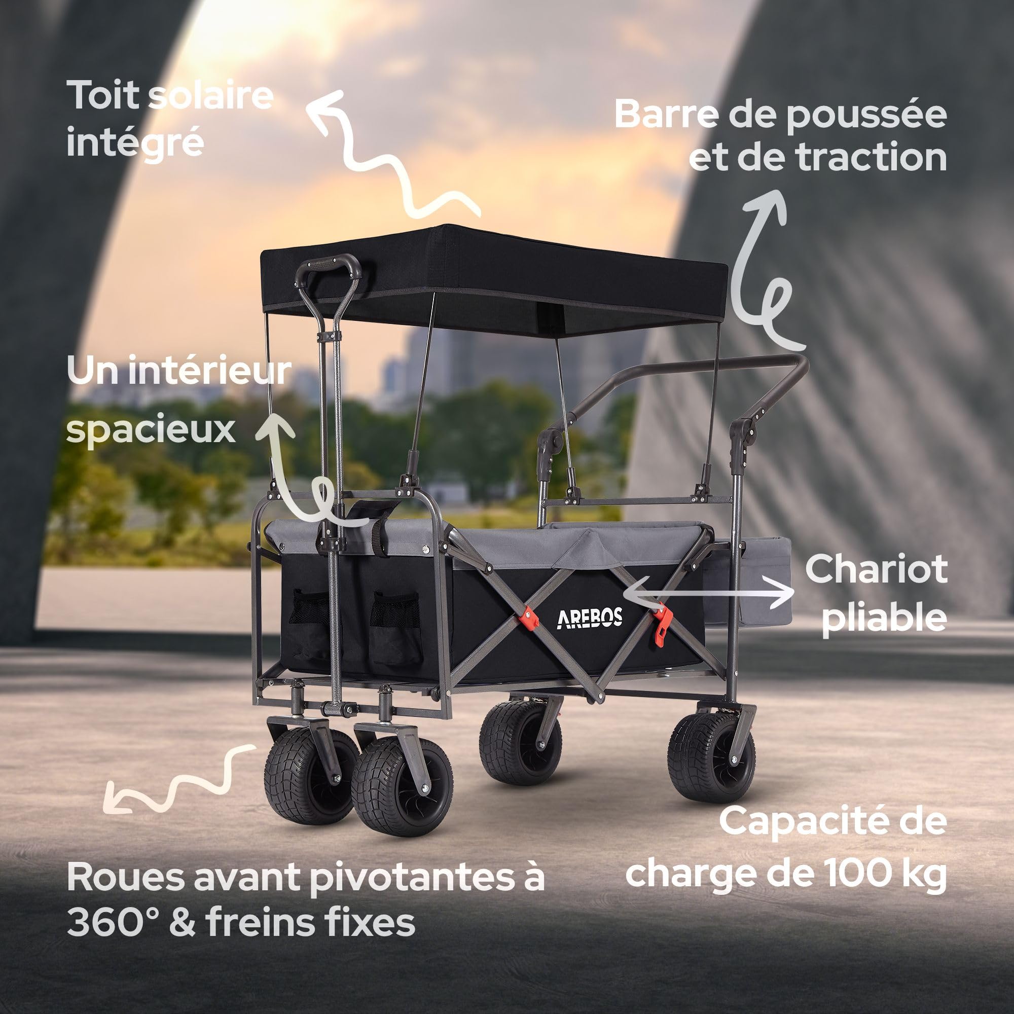Arebos Chariot de Transport Pliable avec Toit | Chariot de Luxe | Chariot de Transport | Pliable | Chariot à Main de Luxe | Chariot à Outils | Sac XXL | capacité de Charge de 100 kg | Noir