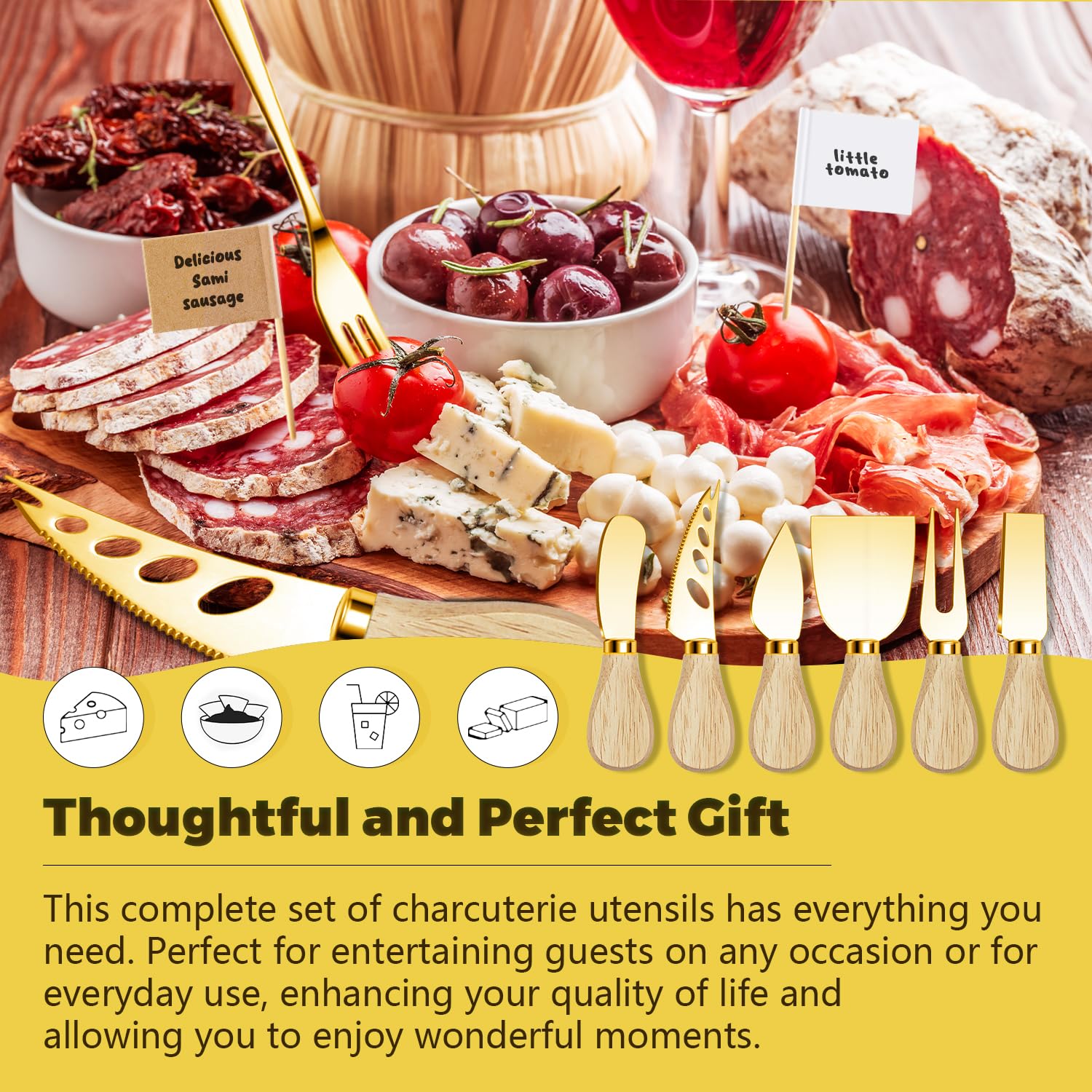 Accesorios para tablas de charcutería, utensilios de charcutería dorados, juego de cuchillos esparcidores de mantequilla de queso con asas de madera, pinzas pequeñas para servir, mini tenedores y