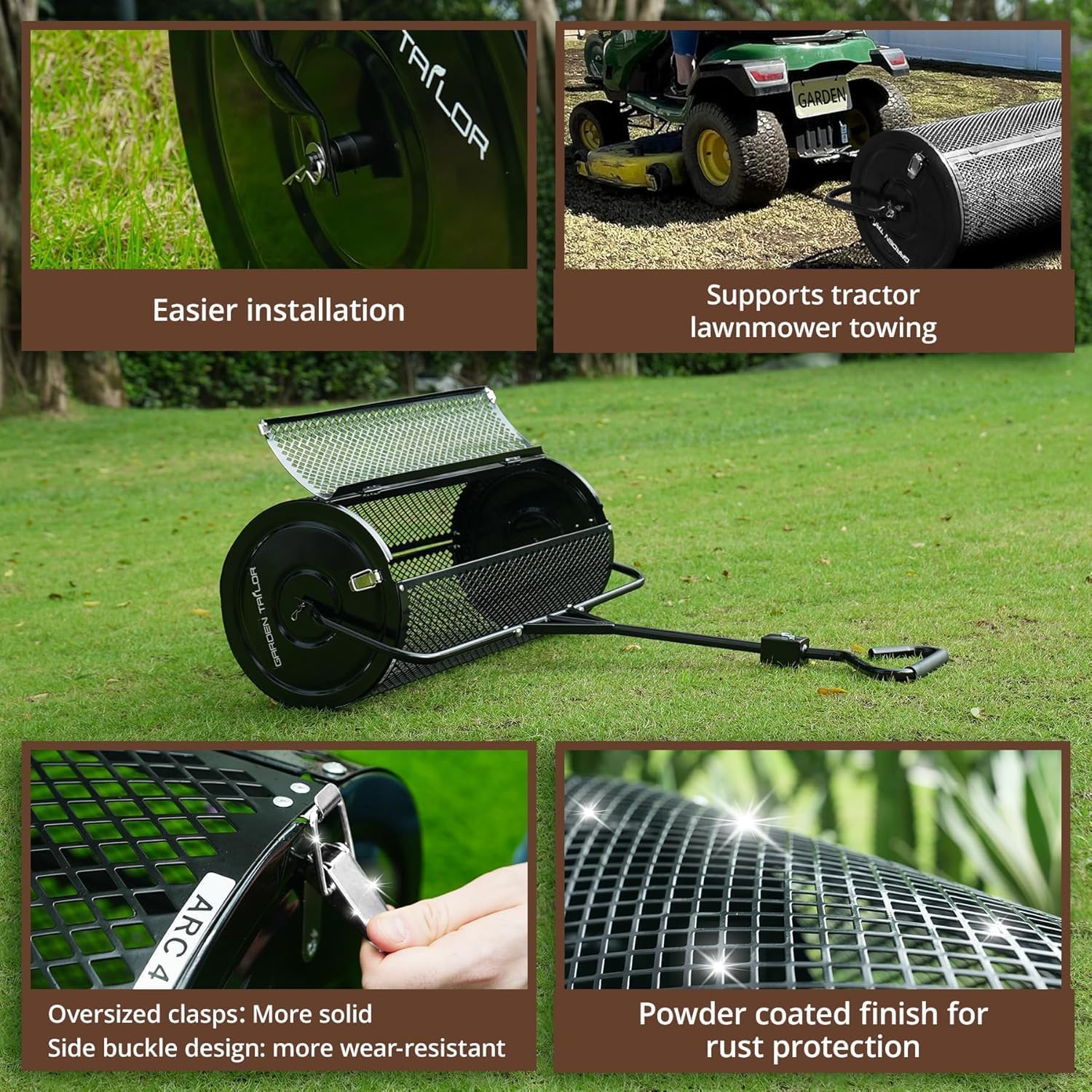 Distribuidor de compost de 36 pulgadas, remolcable, de turba con accesorios de instalación, con rodillo de malla metálica para césped, para tierra vegetal, estiércol, mantillo y abono de cobertura.
