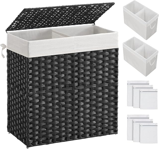 SONGMICS Divided Laundry Hamper, 110L Synthetic Rattan Handwoven Clothes Laundry Basket with Lid and Handles, Foldable, Removable Liner Bag, Black LCB52BK