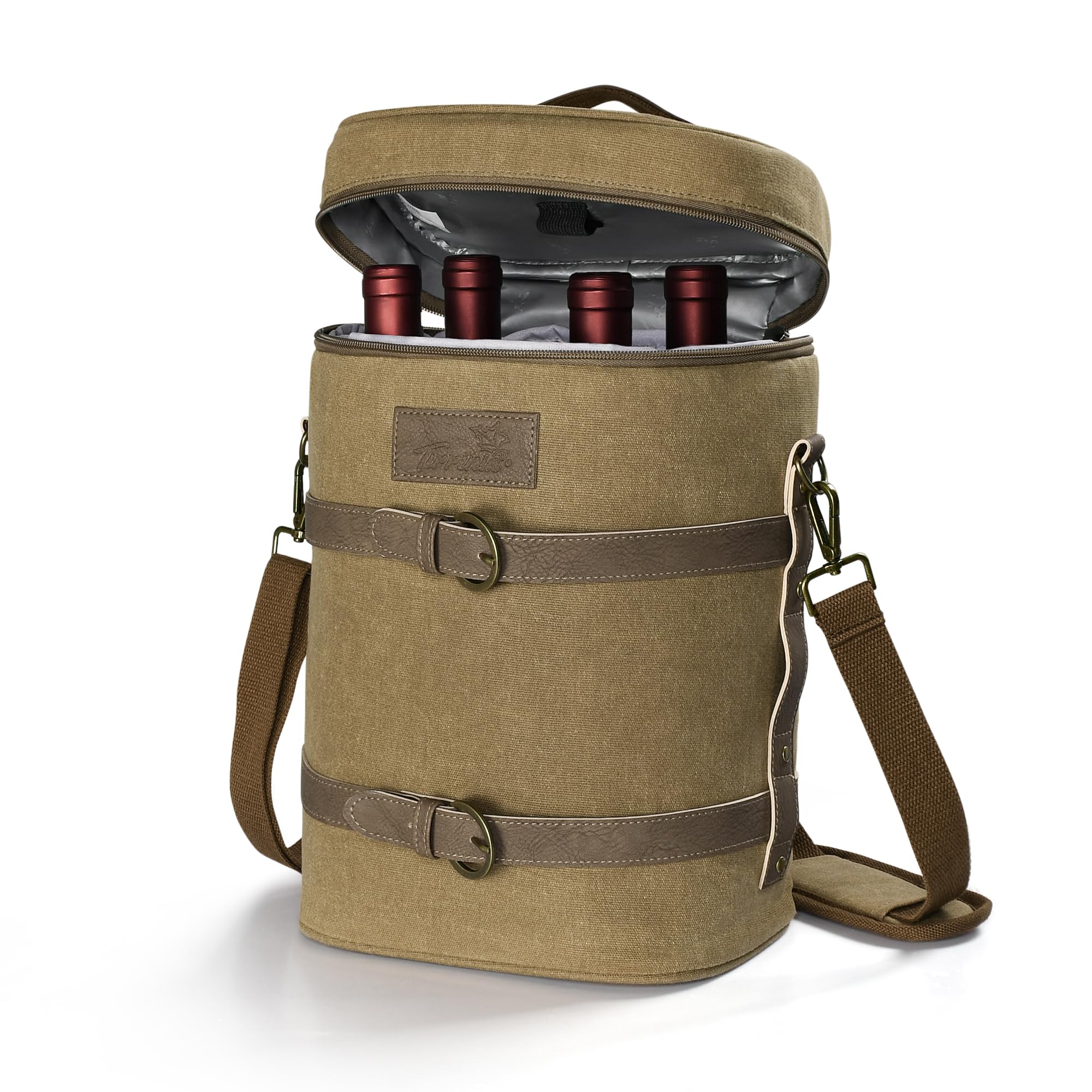 Kato Tirrinia 4 Bottle Insulated Wine Cooler Bag Travel Padded Wine Carrier Tote Bag for Picnic Beach and Camping, Wine Lover Gift Khaki