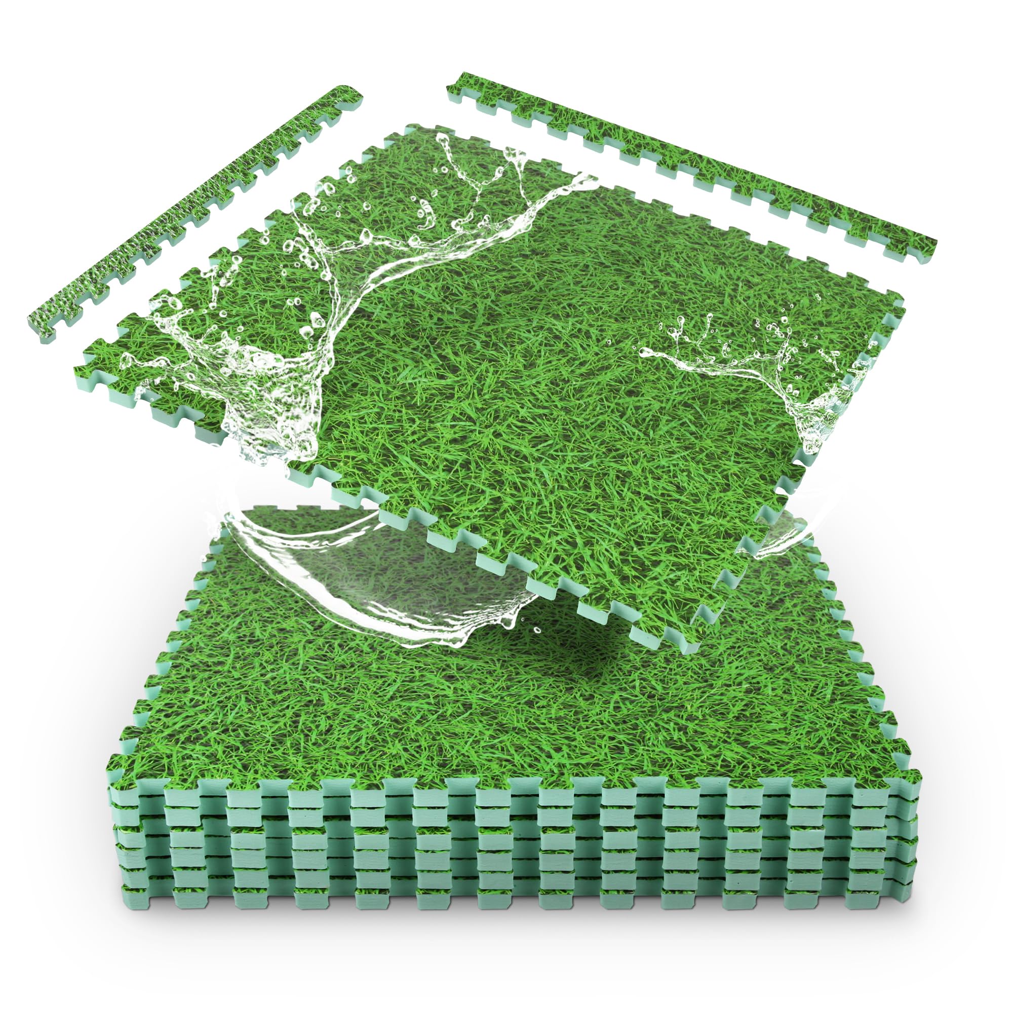 Bestlivings Pool Underlay Mat Green Grass Look - 6 Pieces of 40 x 40 cm (0.96 m²) Extra Thick 1 cm - Floor Protection Mat for Pool and Paddling Pool - with Edge