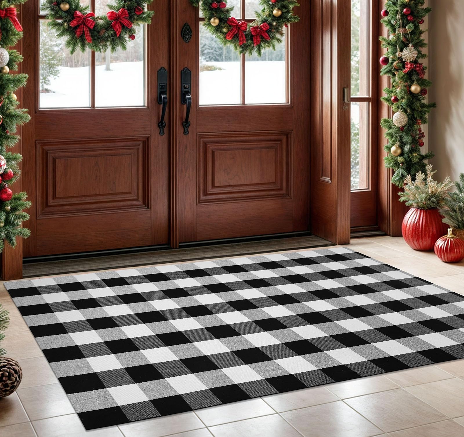 KOZYFLY Buffalo Plaid Area Rug 4 x 6 Ft Black and White Checkered Rug Washable Outdoor Rugs Cotton