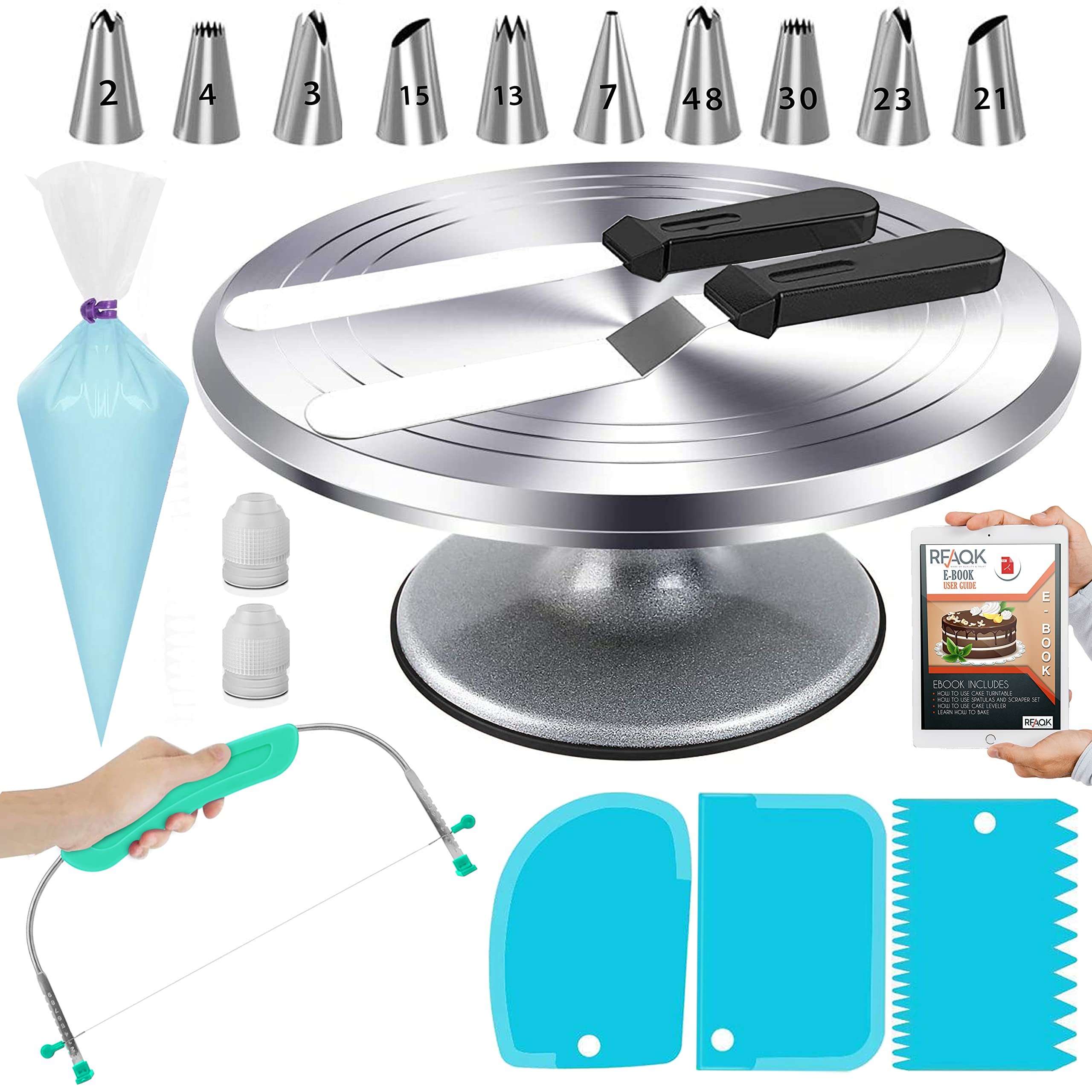 RFAQK 50PCs Aluminium Revolving Cake Stand 12" Cake Turntable, Professional Cake Decorating Kit with
