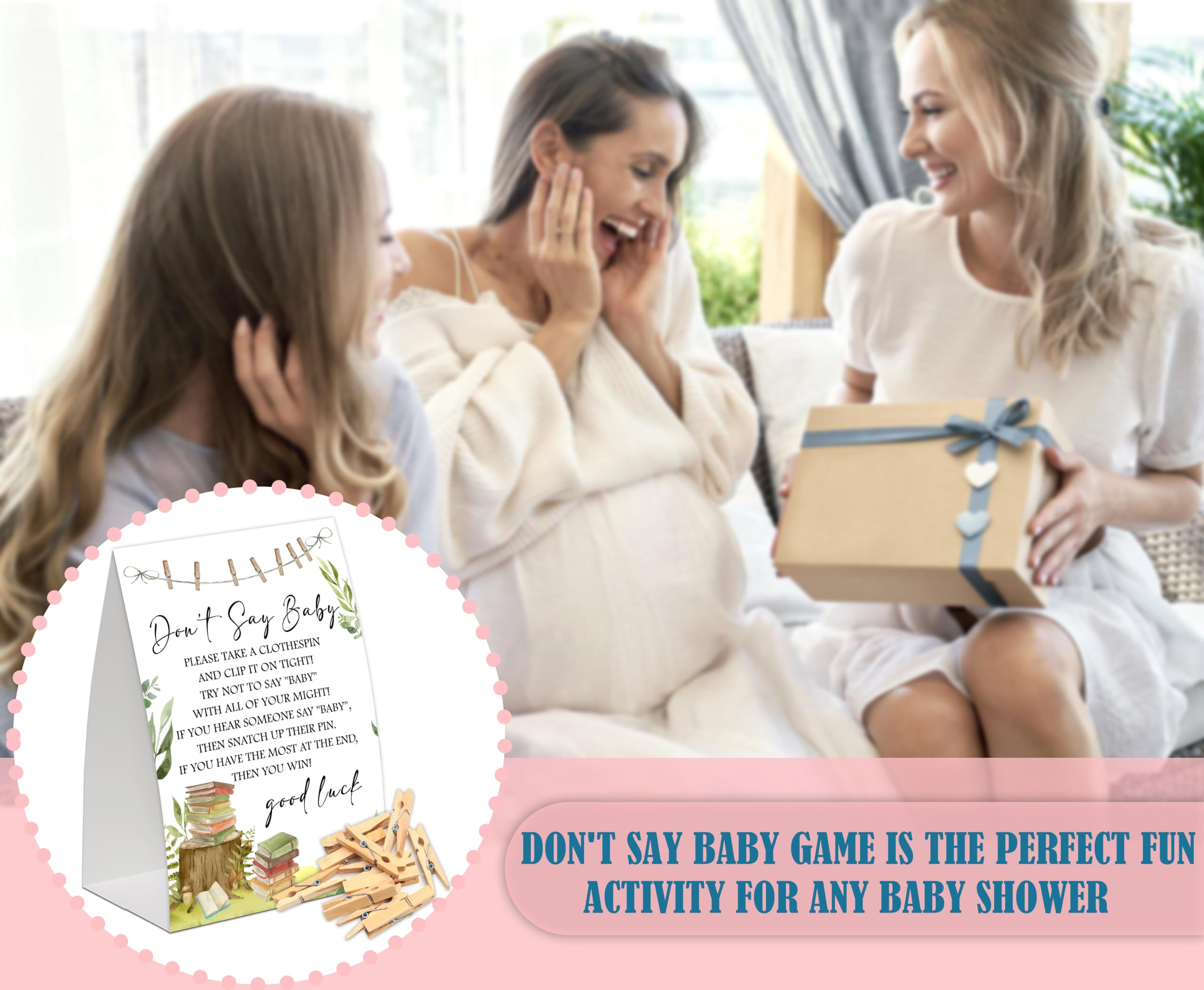 Don't Say Baby Shower Game - Pack With Sign & 50 Clothespins, Gender Neutral Party Supplies