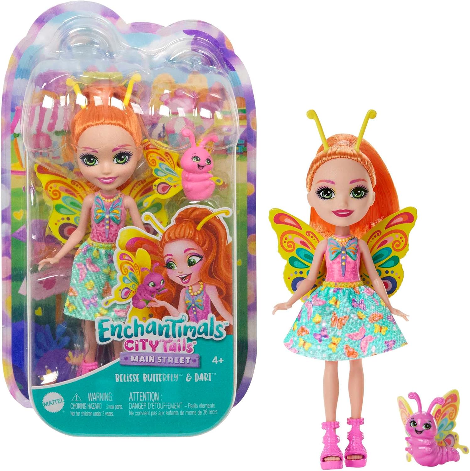 Enchantimals City Tails Main Street Belisse Butterfly y Dart Muñeca con mascota mariposa, juguete +4 años (Mattel HKN12)