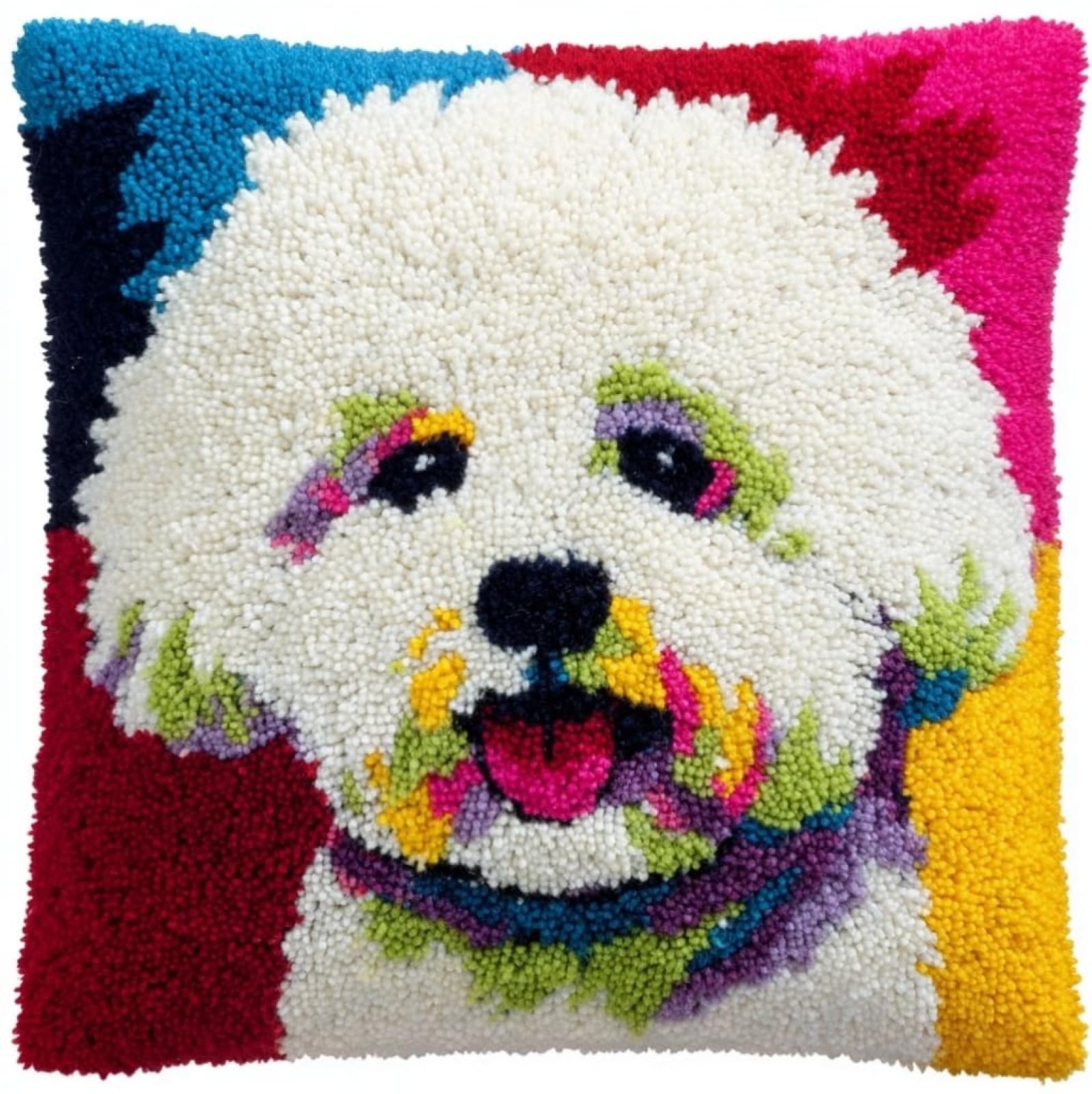 Axiangzik Latch Hook Cushion Kit For Beginners,Bichon Frise Animal Dog 43X43cm Pre-Printed Canvas Diy Craft Set,Complete Cushion Cover Kit For Living Room Sofa Decor