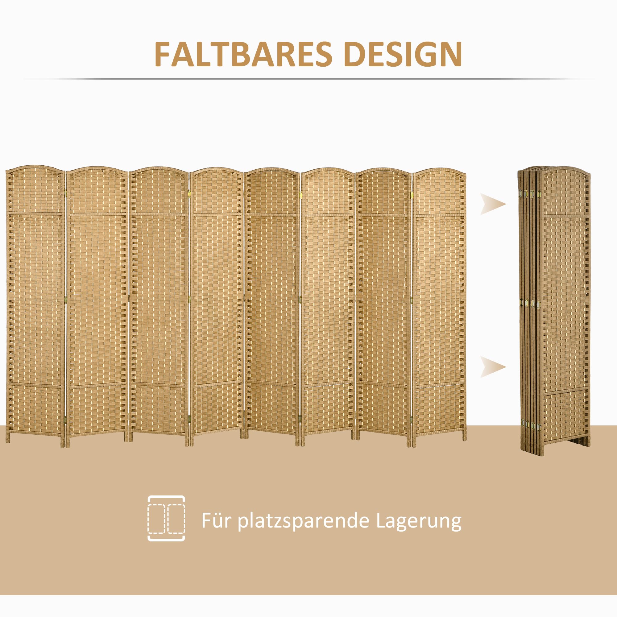 HOMCOM Paravent 8-teilig Raumteiler Faltbar Sichtschutz 320x170 cm Natur | Trennwand aus Kiefernholz, Raumtrenner, Stellwand, für Schlafzimmer Wohnzimmer