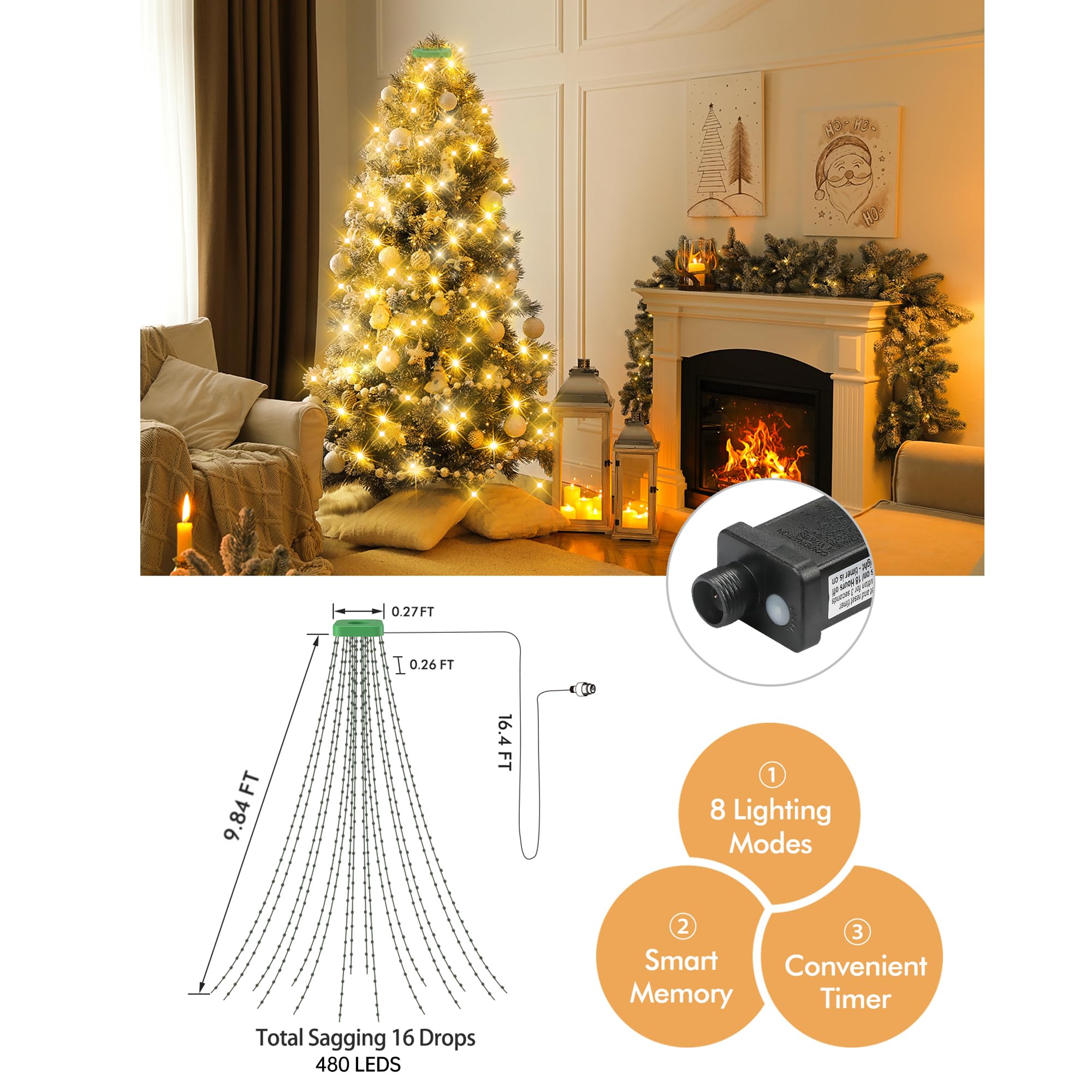 GYLEFY 3M Lichterkette Weihnachtsbaum für Weihnachtsdeko Außen-Warmweiß | 480LED, Christbaumbeleuchtung mit Ring, Easy to Install, IP65 Wasserdicht Lichterkette, Timer, 8Modi