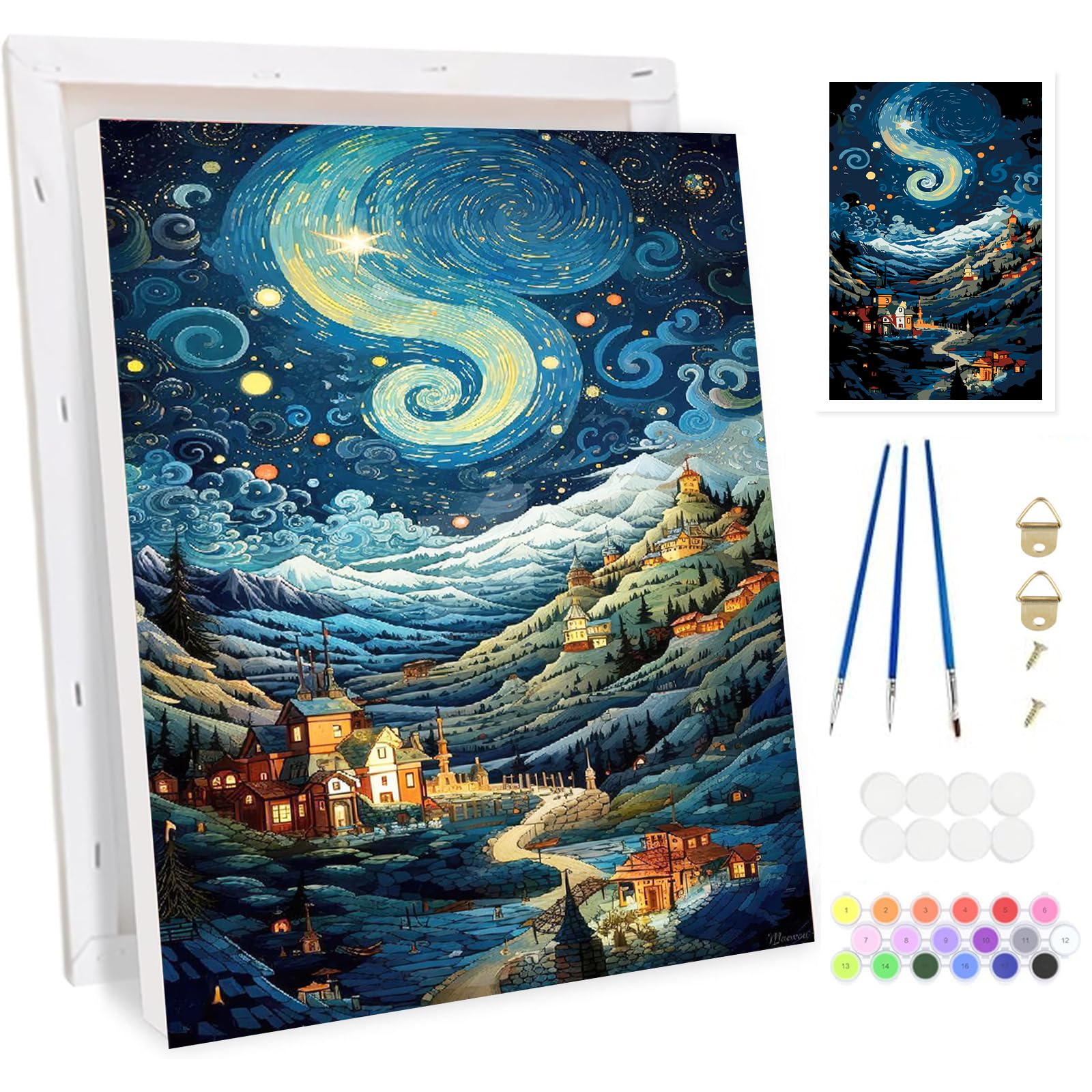 Bowetile Mountain Framed Paint by Numbers for Adults, Halloween Landscape Painting by Numbers Kit for Adults Beginners Canvas Kit, DIY Color Oil Painting Acrylic Paints for Home Wall Decor 20x30cm