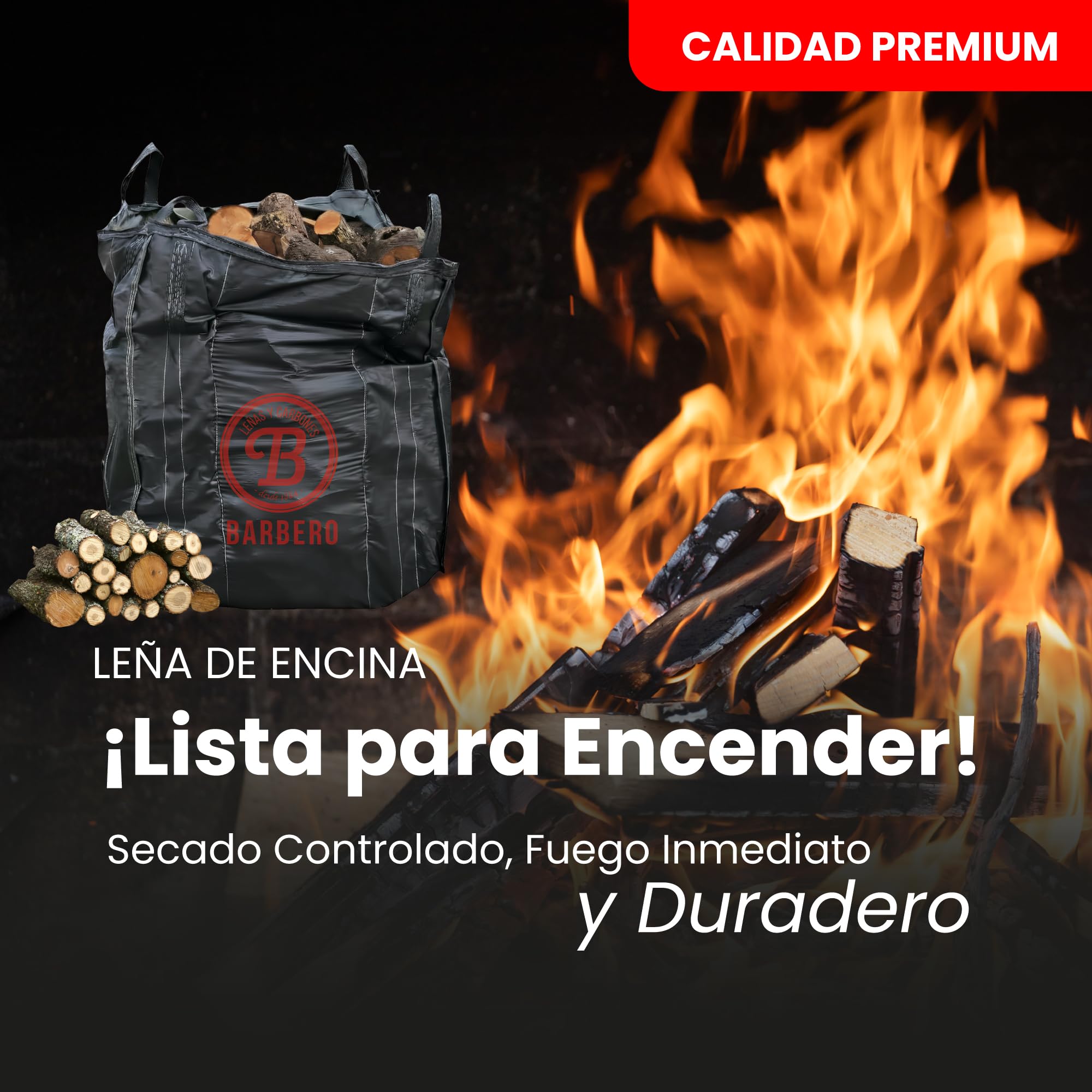 Leña Encina Big Bag 600kg Madera Dura Natural Alta Densidad Calor Intenso Combustión Lenta Ideal Chimenea Estufa Caldera Restaurantes Casas Rurales Bajo Humedad Entrega Volumen Fuego Constante