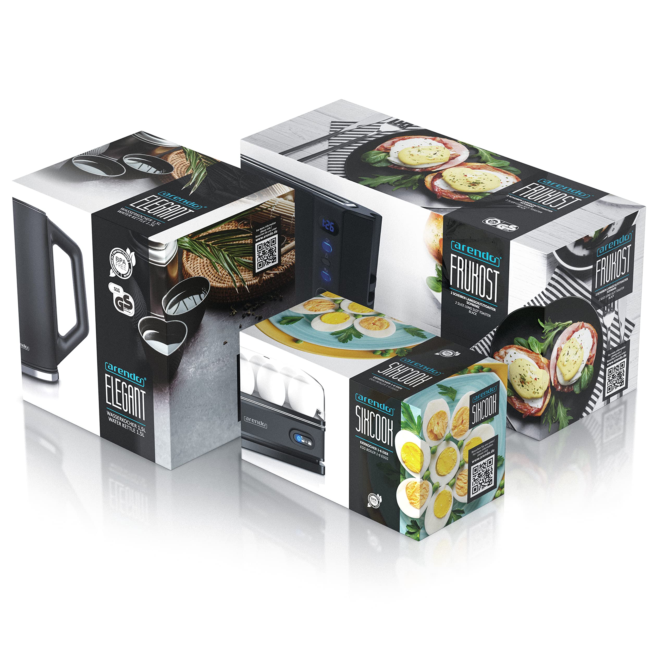 Arendo Wasserkocher Toaster Eierkocher Set Edelstahl Schwarz 1,5L 40-100°C 2 Scheiben LED 6 Bräunungsgrade 1-6 Eier BPA frei