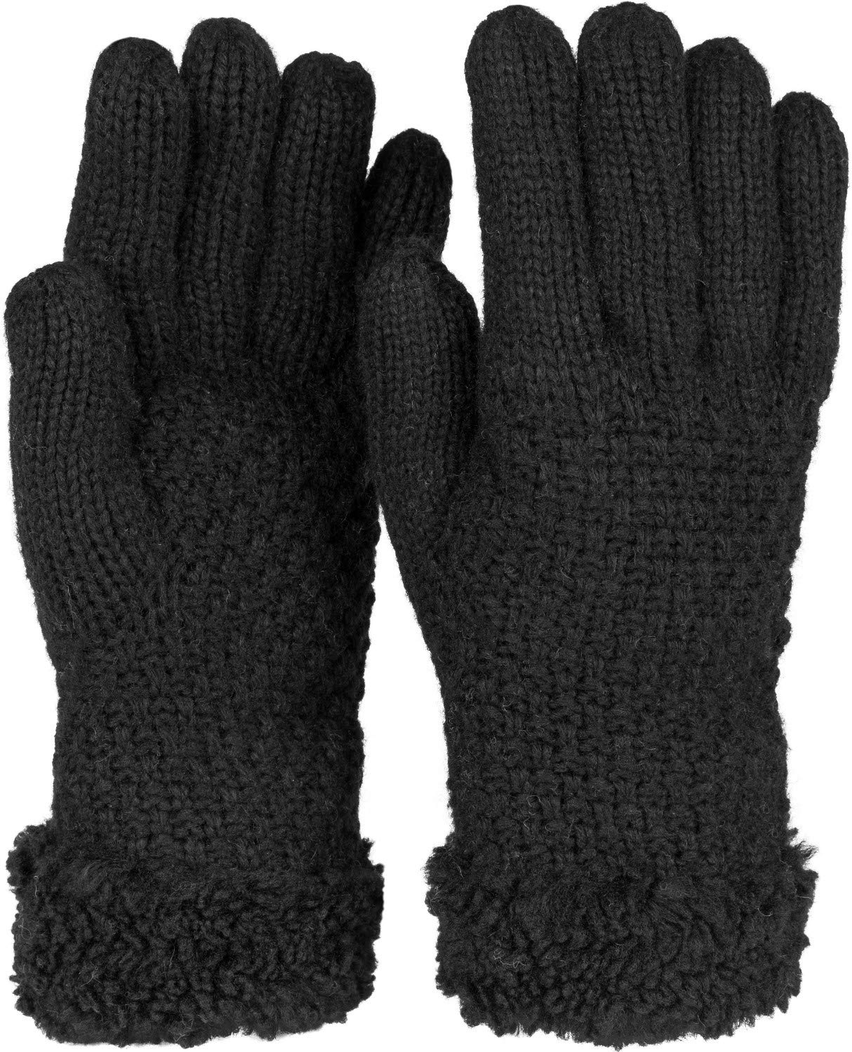 Stylebreaker Women's Black Warm Winter Gloves With Pearl Pattern And Fleece, Thermo Knitted Gloves, Finger Gloves 09010032, Colour: