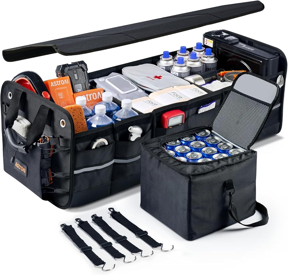 AstroAI Car Trunk Organizer Storage Large for SUV, Truck, Pickup, Collapsible Trunk Organizer Portable Storage Box with Cooler Bag, Foldable Cover, Nylon Handles, PU Bottom and PE Plate