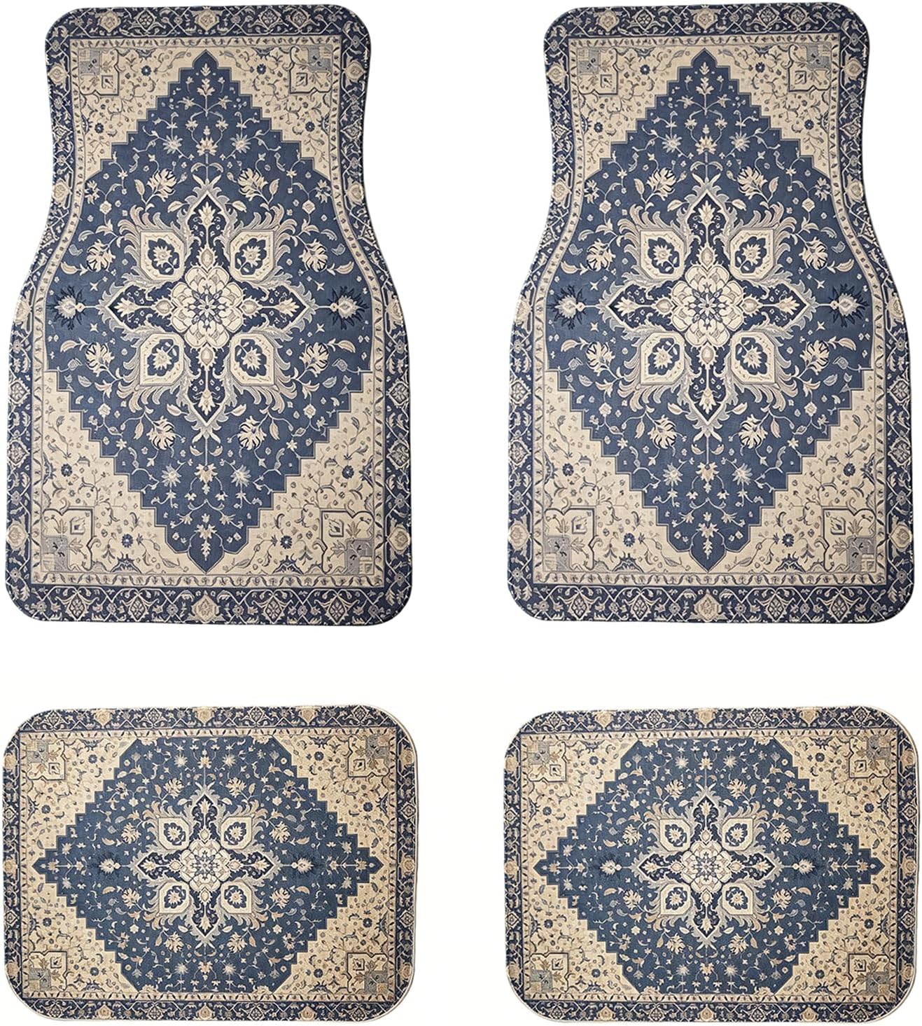 Premium Linen Vintage Car Floor Mats Full Set |Blue & Ivory Persian Floral Car Decor for Women,Men | Waterproof All-Weather Universal Fit for SUV, Sedan | Luxury Car Accessories, Non-Slip