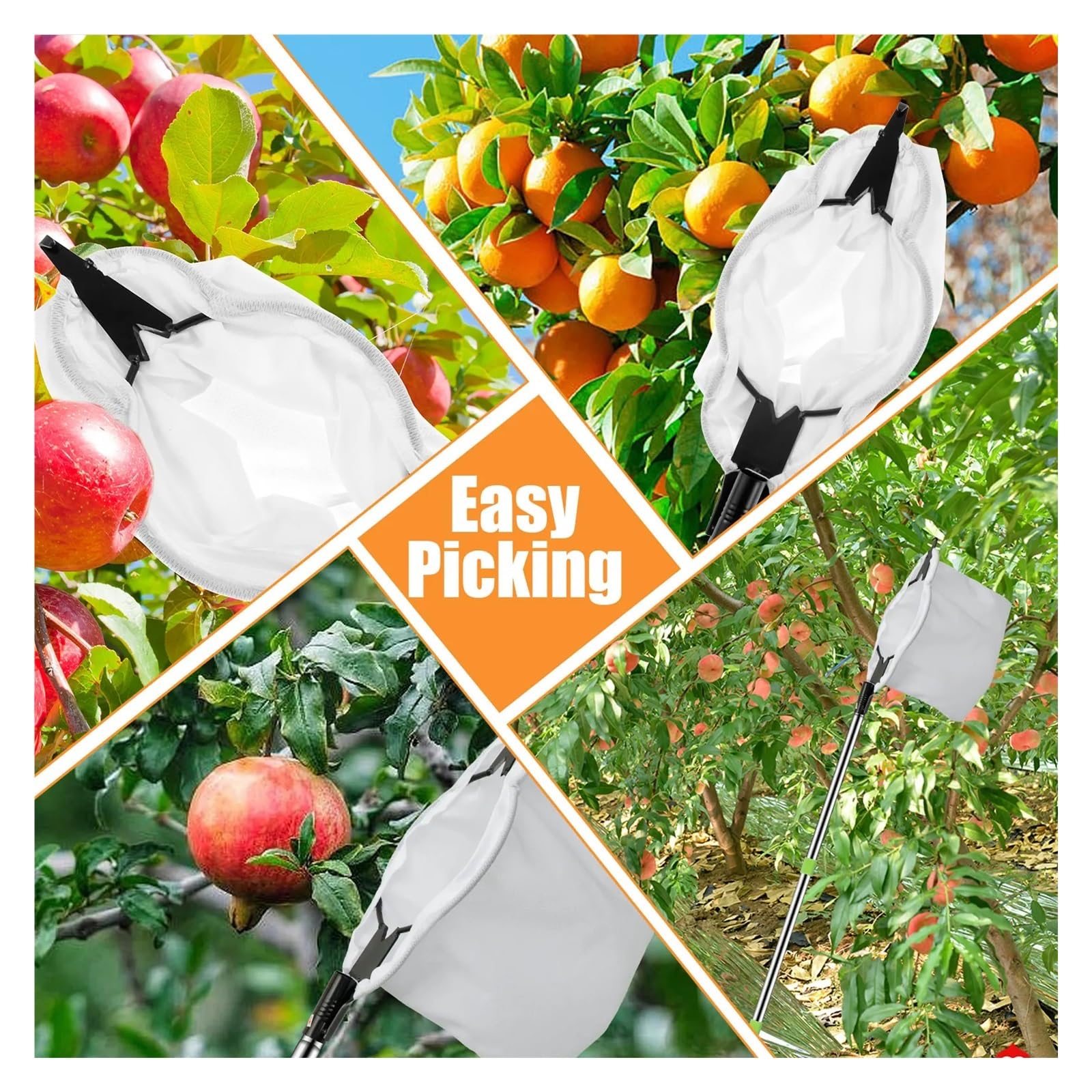 Cueille Fruit Telescopique Cueilleur de Fruits en Acier Inoxydable 1,6/2 m avec Sac Rangement(1 Set 1.6M)