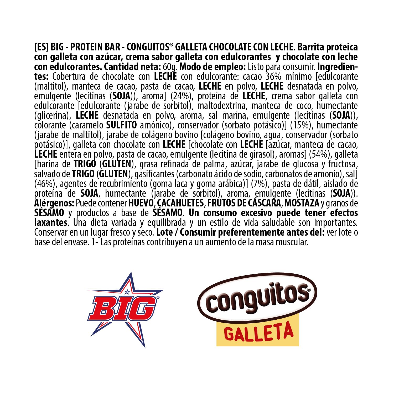 BIG - Barritas Proteina con Toppings de Conguitos Dark Galleta 25 gr Proteina por Barra - Pack 15 Barritas x 60 gr - Barras Alta en de Proteinas con Chocolate con Leche - Ideal para Dieta Deportiva