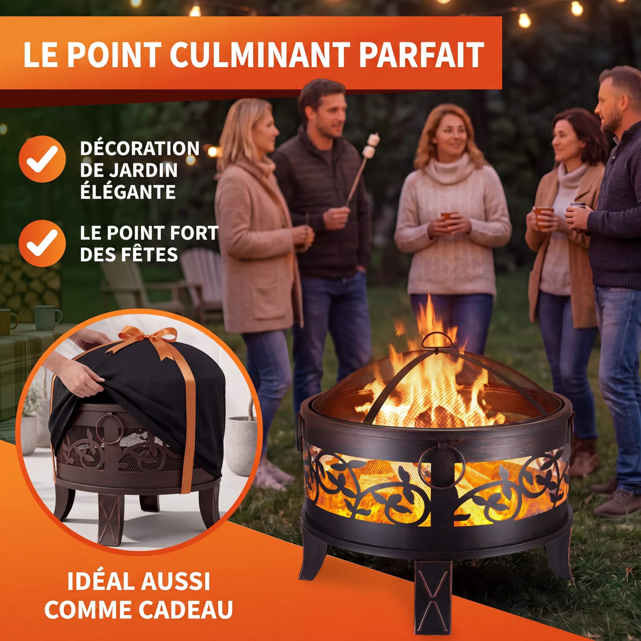 GARDEBRUK® Brasero Rond Ø67 cm en Acier Imitation Rouille Protection Anti-Étincelles Jardin Terrasse Cheminée d'Extérieur