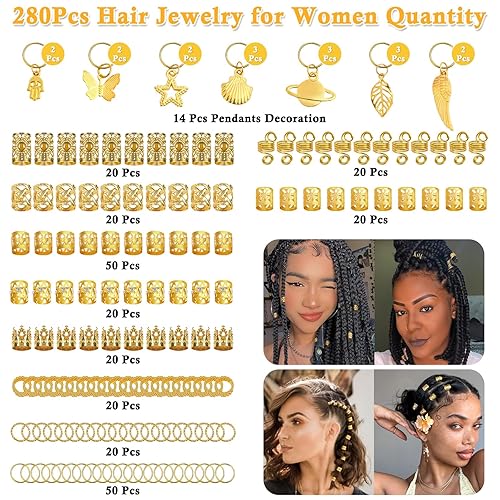 Miniatura 3 de 280 piezas de joyas para el cabello para mujeres, puños para el cabello para trenzas Loc, joyería para rastas de cabello, anillos dorados