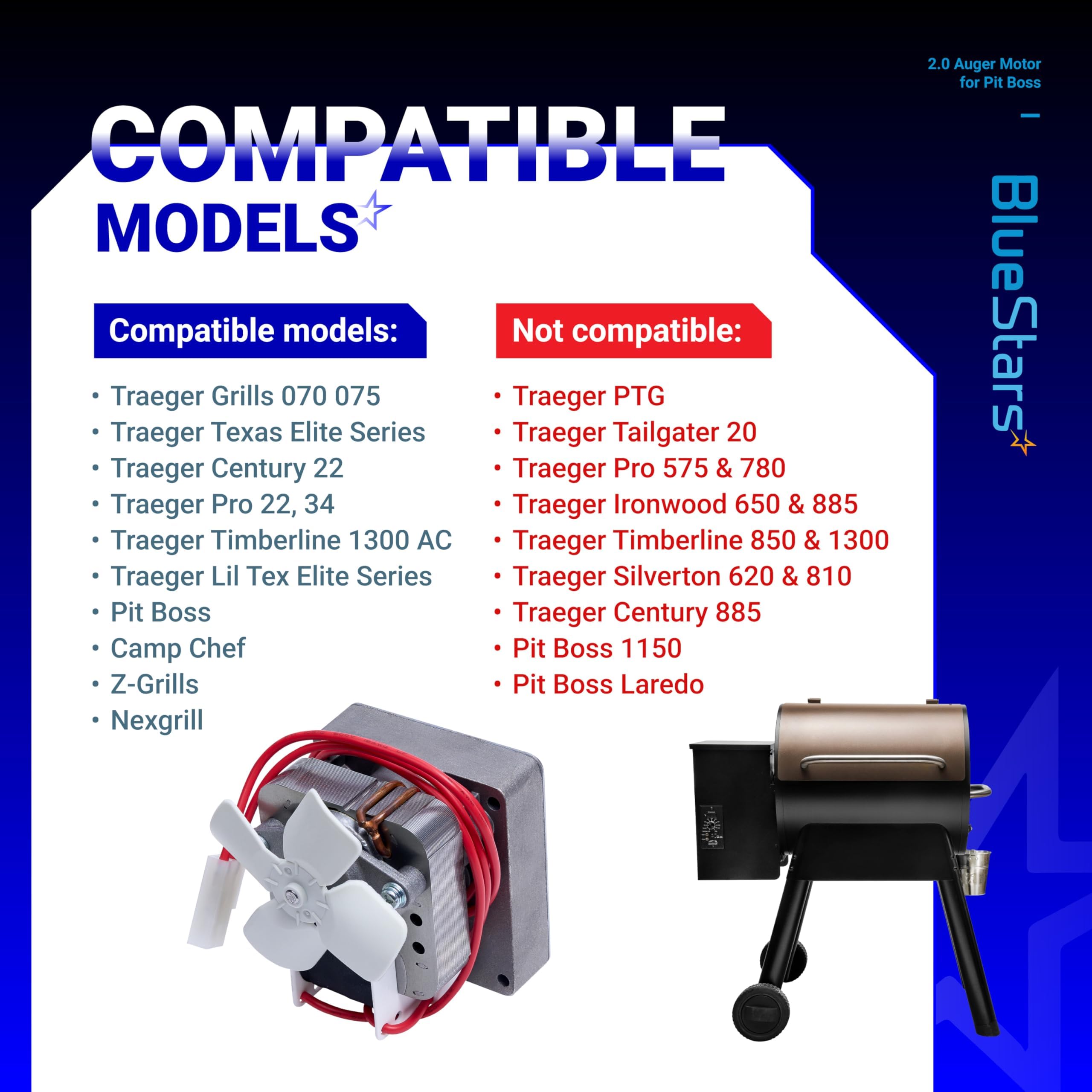 BlueStars - Motore a coclea a coclea per griglia da 2,0 giri/min, ricambio per Pit Boss, Traeger, Camp Chef, Z e Nexgrill, per barbecue universale, 120 V, 60 Hz, 2 poli