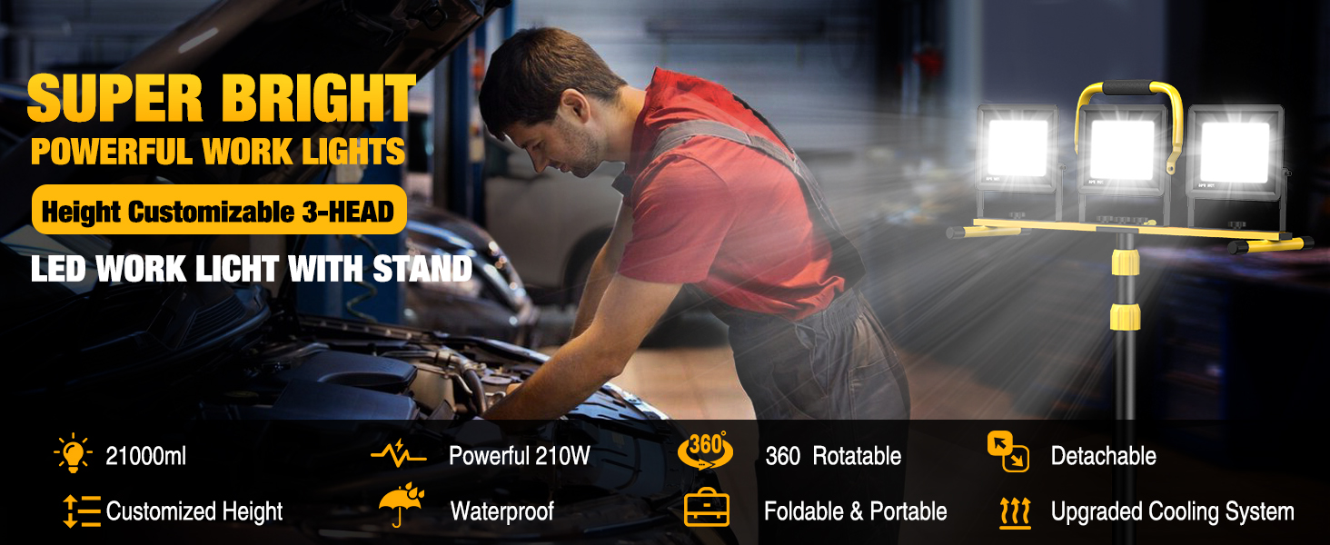 Upgraded LED Work Lights with Stand, 21000 Lumen, 3-Head