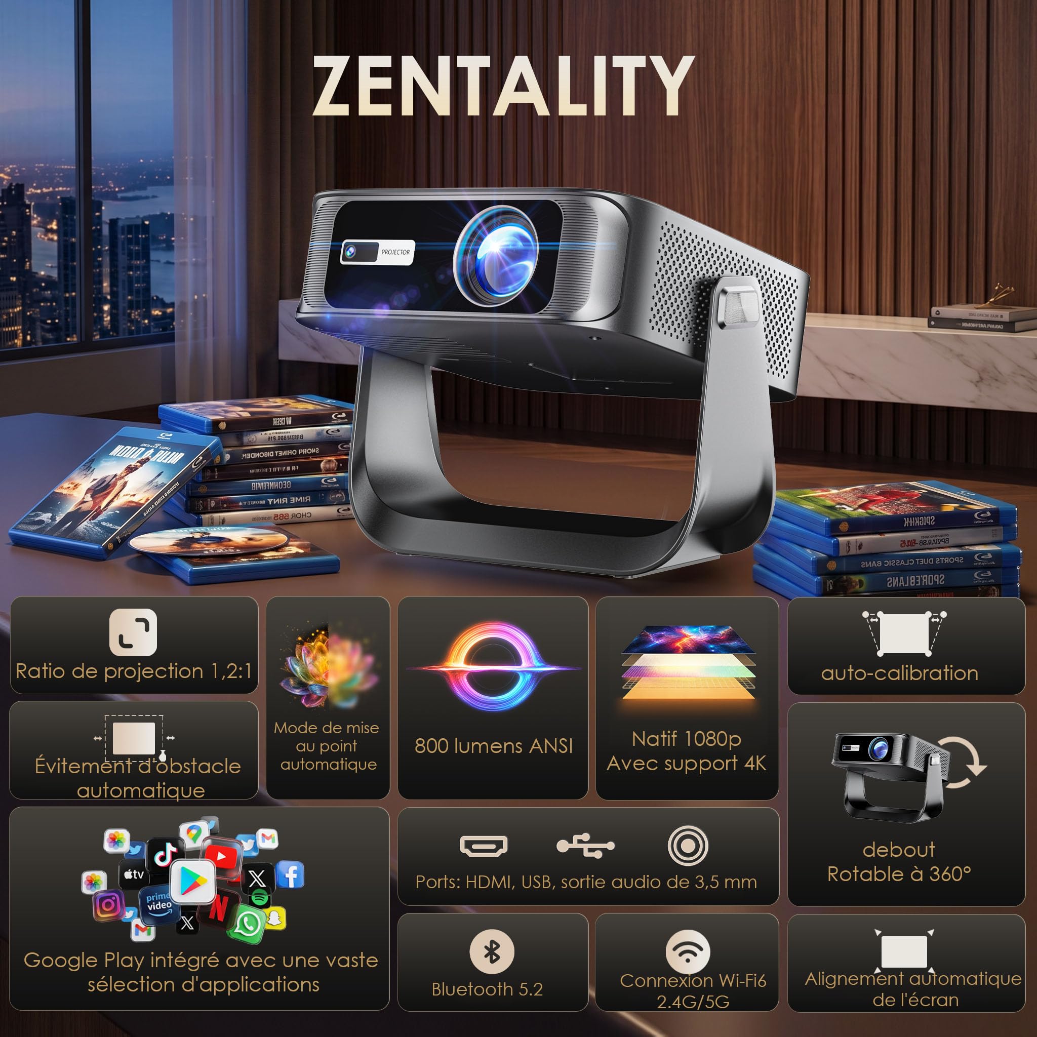 [Apps intégrées & 2026 Upgraded] Vidéoprojecteur Supporte 4K 1080P avec 5G WiFi 6 Et BT 5.2 Le Projecteur Soutien Rotation 360°° Portable Projecteur Video Applicable Laptop/HDMI/TV Stick