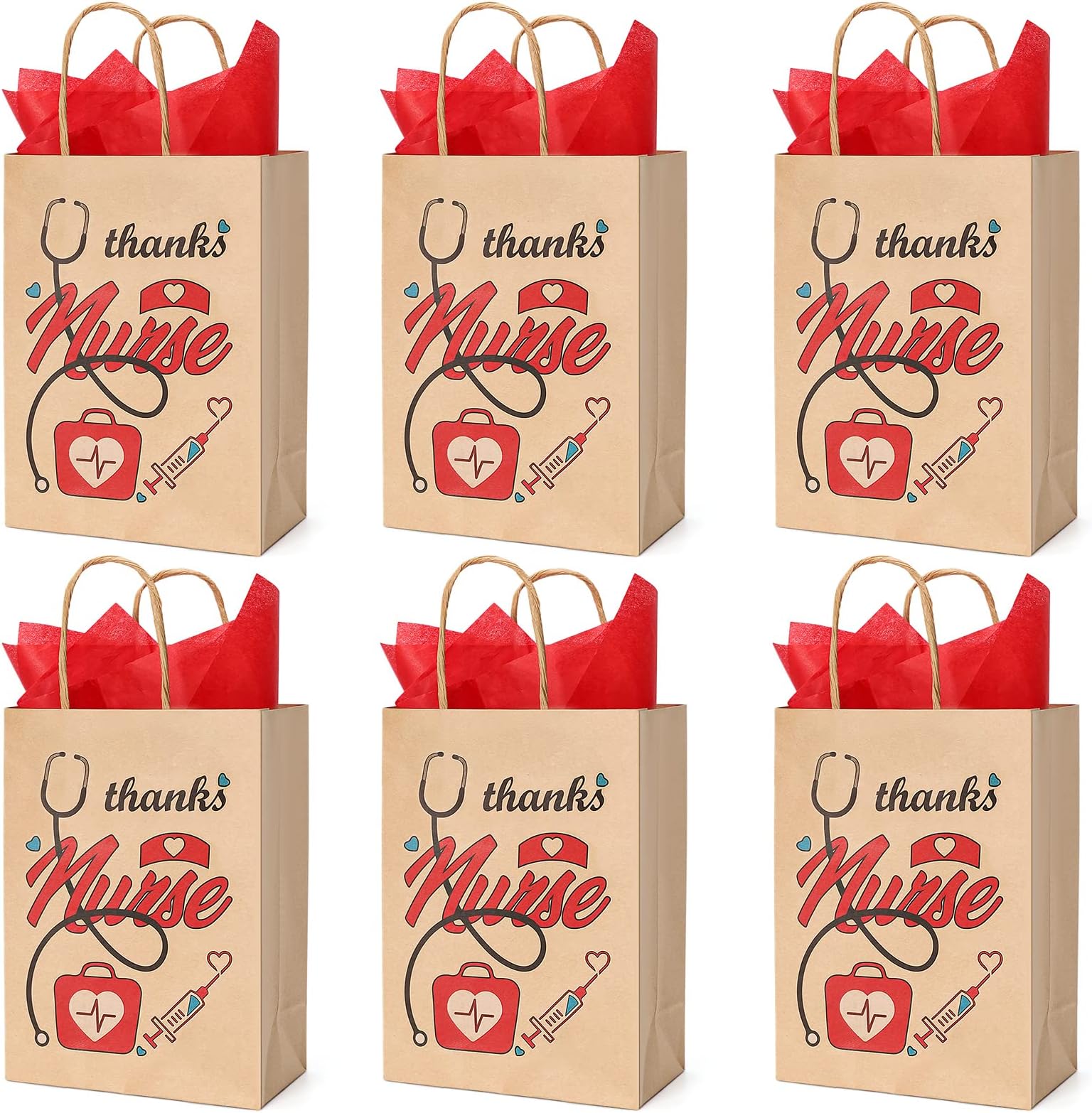 YNERHAI 24 Pieces Nurse Gift Bags With Tissue Paper, Small Brown Nursing Gift Bag Bulk For Nurse Week Graduates School Party Supplies National Nurse Appreciation Day