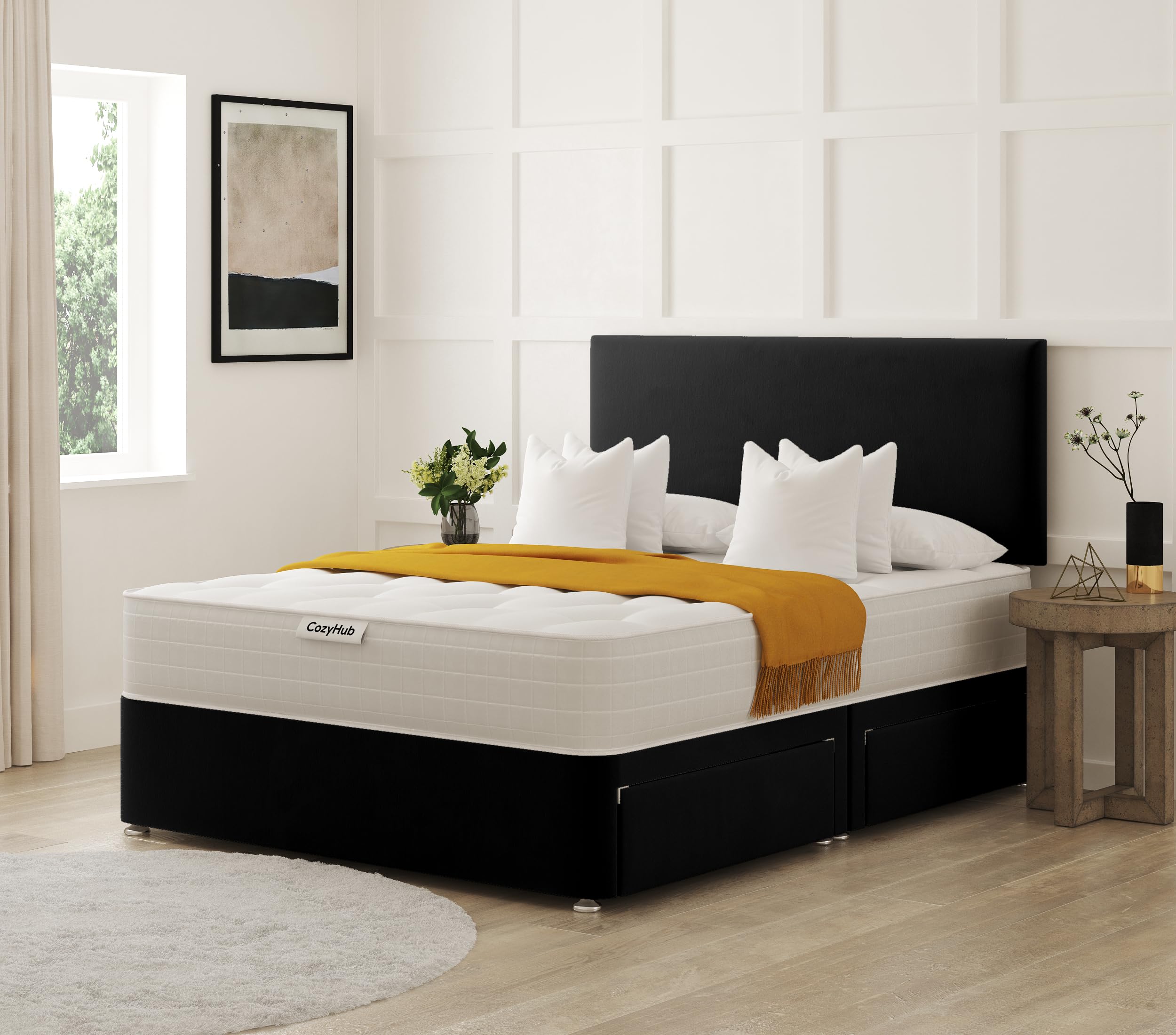 COZY HUB LTD Plain Plush Velvet Divan Bed with 10 Inch Ortho Tufted Mattress & Headboard – Luxury Divan Set with Drawer Storage Options. (Black, 4Ft6- No Drawers)