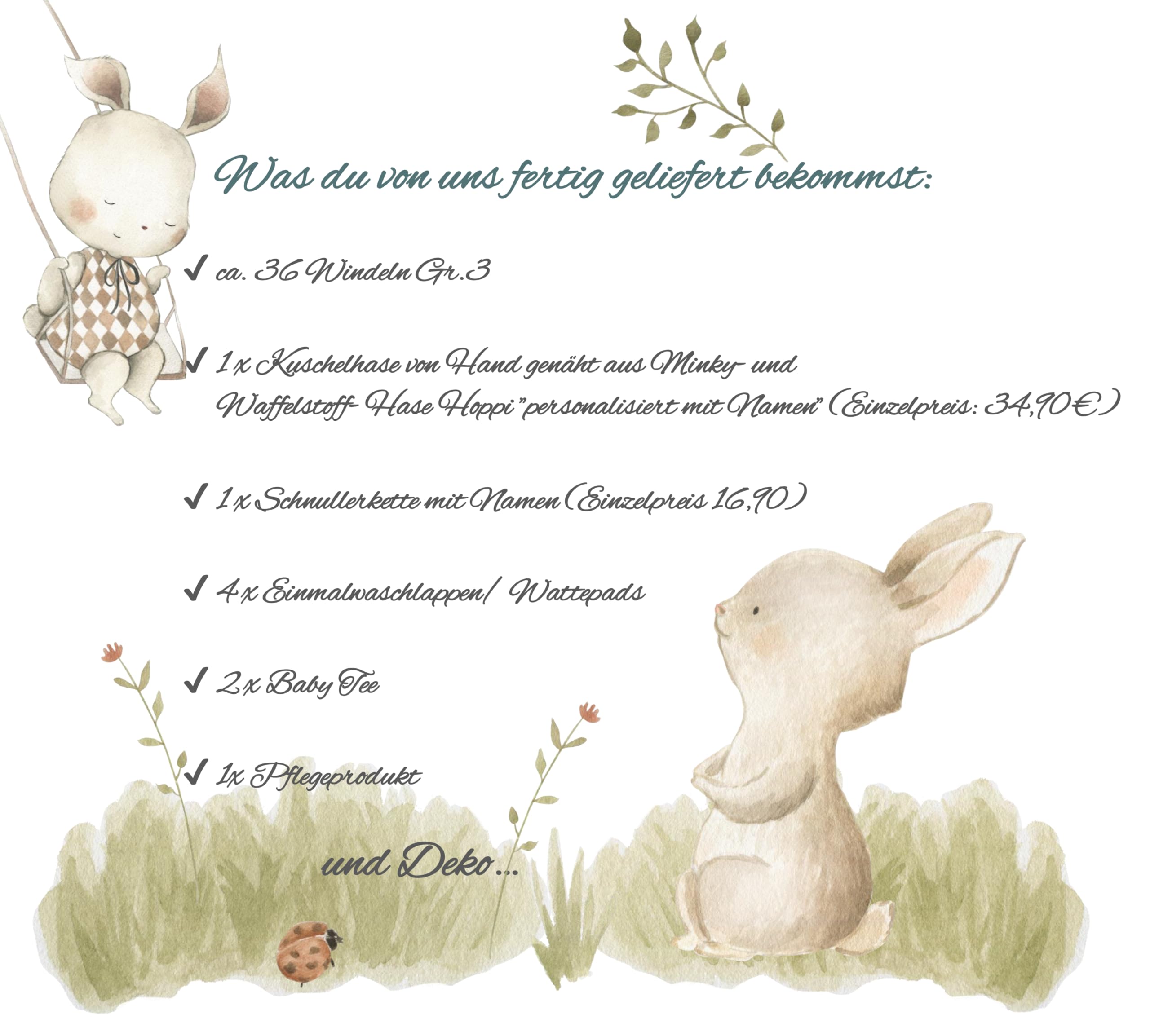 Windeltorte XXL mit Namen - Mädchen Junge - Hase Hoppi - 2-stöckig - Geschenk, Babyparty, Geburt Taufe + Gratis Grußkärtchen