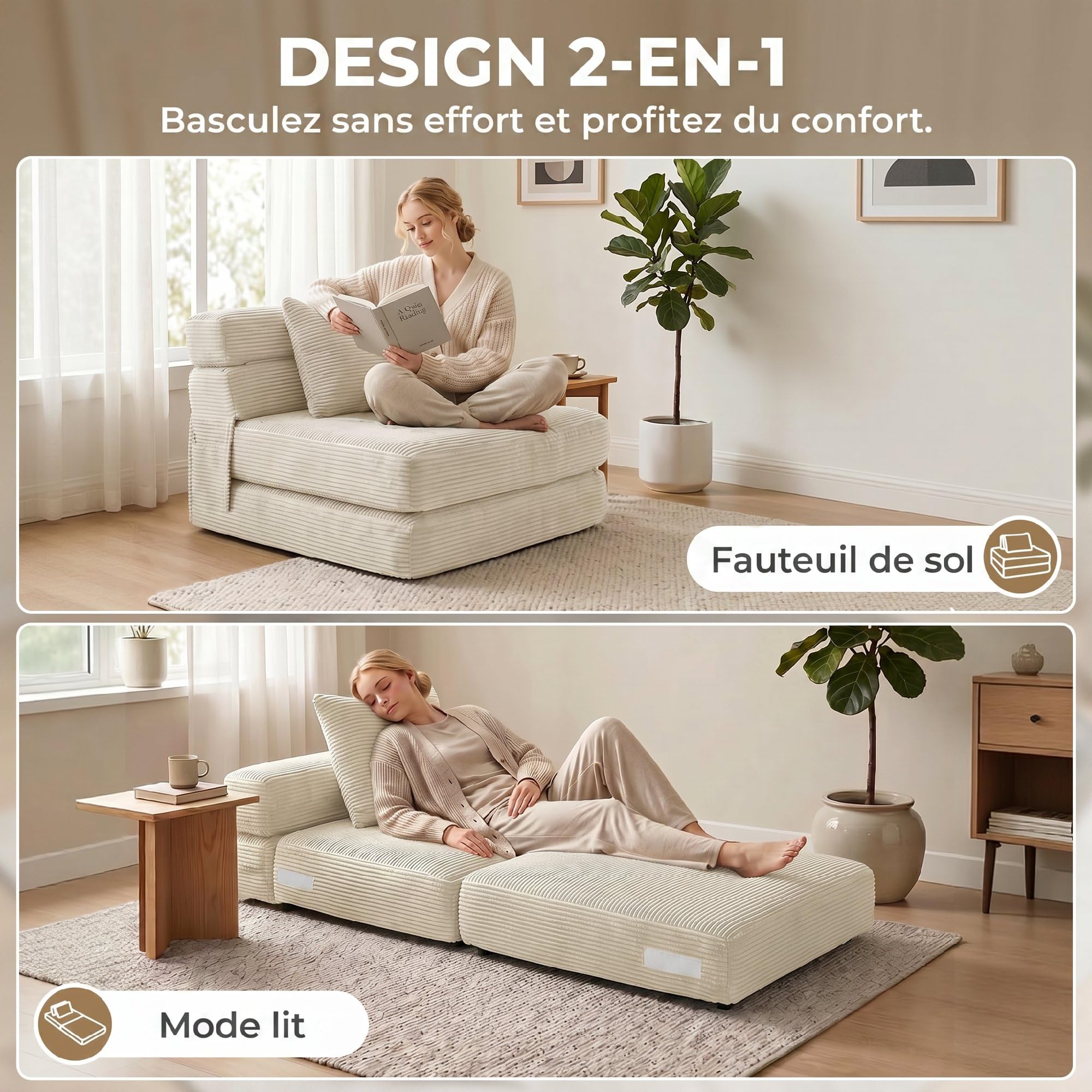HOMCOM 2-in-1 Divano Letto Pieghevole Chaise Singolo 100 cm Crema