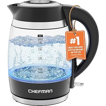 Chefman Electric Kettle with Tea Infuser, 1.7L 1500W, Removable Lid for Easy Cleaning, Boil-Dry Protection, Stainless Steel Filter, BPA Free, Auto Shut Off Hot Water Boiler, Glass Electric Tea Kettle