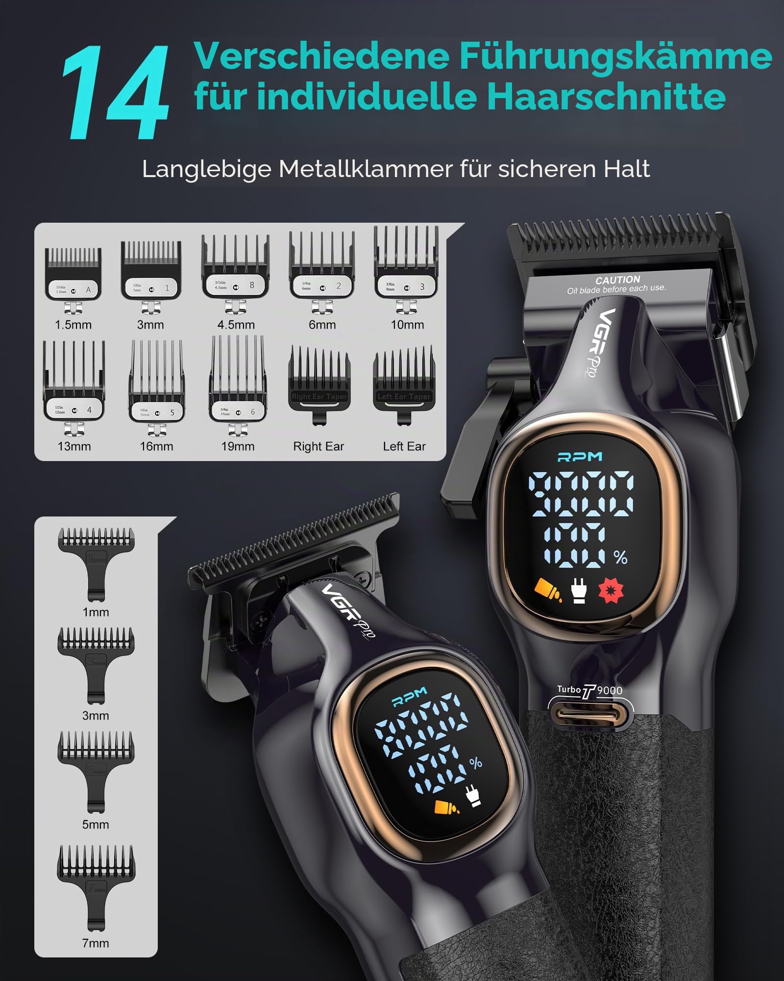 VGRPRO Haarschneidemaschine Profi, 9000RPM Barber Kit mit Etui,Kabellos | Profi Haarschneider herren und Trimmer Set, 14 aufsätze, 4h Laufzeit, LCD-Anzeige, Ladestation, Anti-Rutsch-Griffe, USB-C