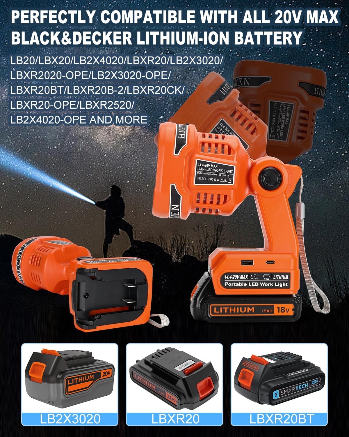 Adisipsoarin Cordless LED Flashlight for Black and Decker 20v Battery, 22W LED Work Light with USB-A&USB-C 2.1A Fast Charging Ports for Jobsite, Car Repairing, Camping, Emergency
