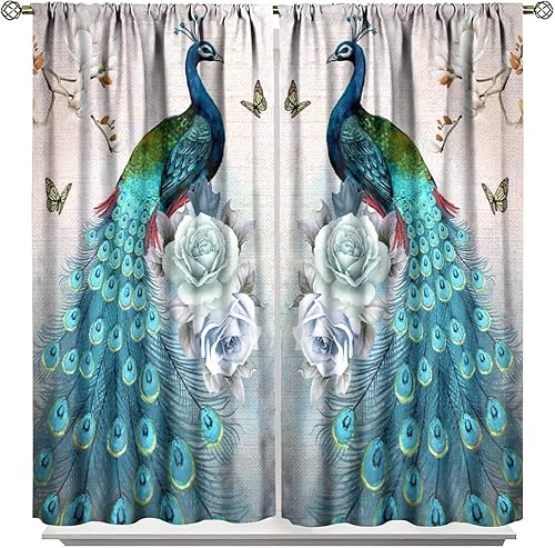 Miniatura 167 de Cortina opaca con estampado de pavo real, con estampado de animales retro, con bolsillo para cortinero y flores de peonía doradas, para dormitorio,