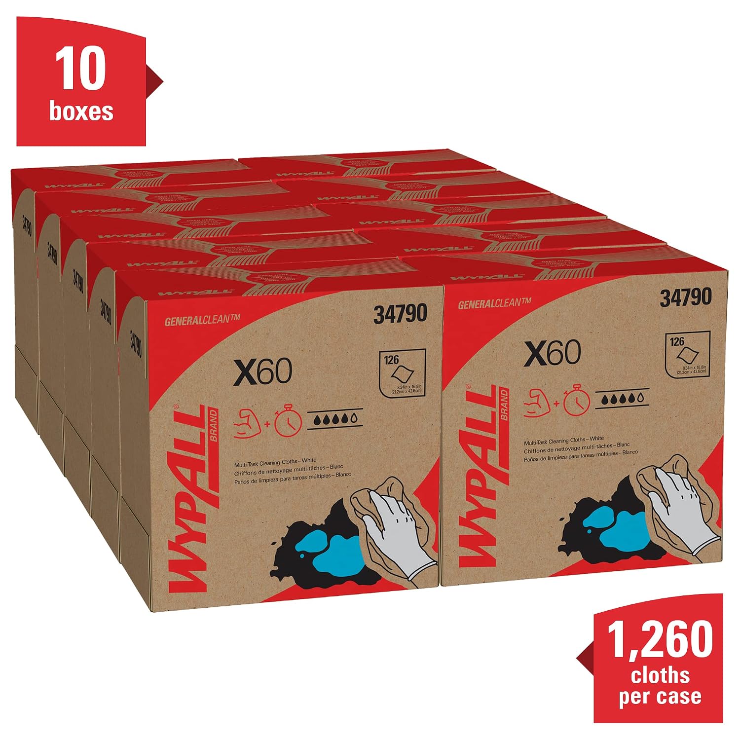 WypAll General Clean X60 Multi-Task Cleaning Cloths (34790), Pop-Up Box, White, 10 Boxes / Case, 126 Sheets / Box, 1,260 Sheets / Case