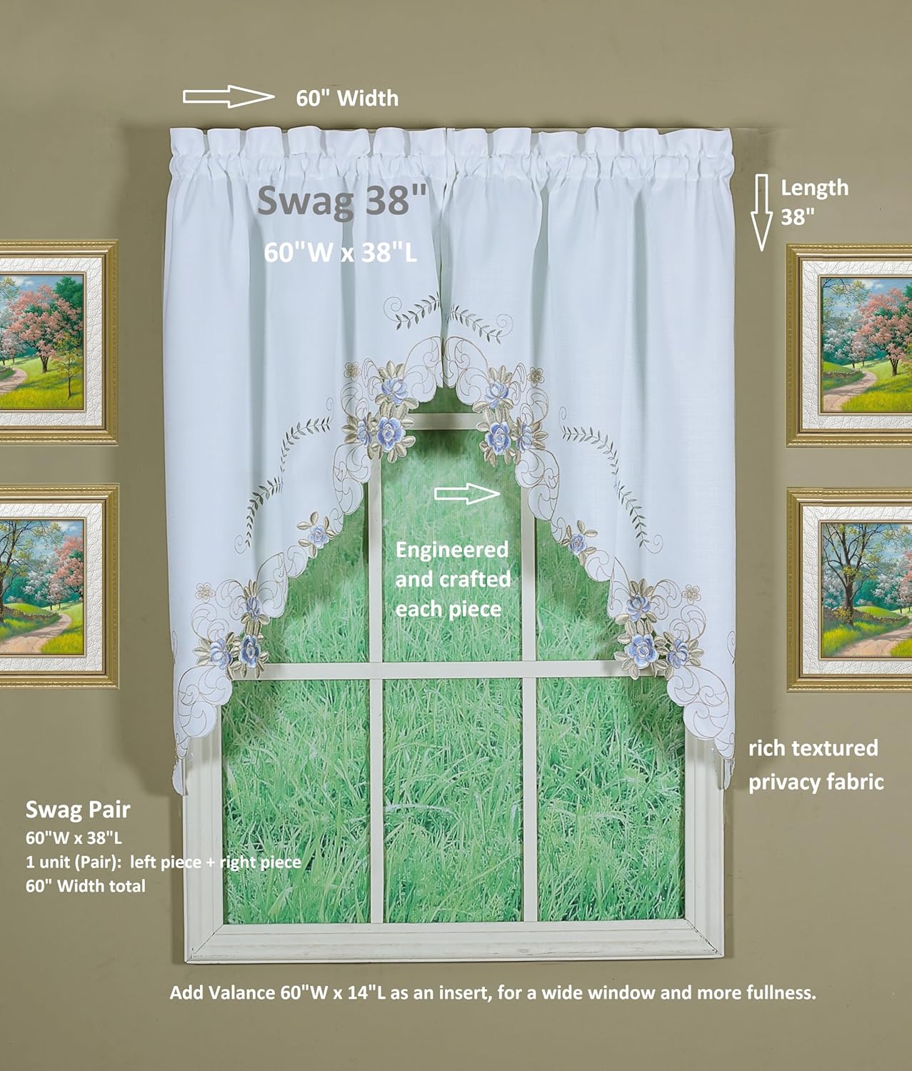 Today's Curtain Verona Reverse Embroidery Window Swag, 38-Inch, White/Blue - Verona CA50304P