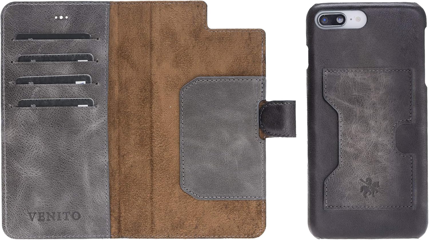 Venito Florence Leather Wallet Phone Case Compatible with iPhone 8 Plus and iPhone 7 Plus - Extra Secure with RFID Blocking - Detachable Phone Wallet - Faded Gray