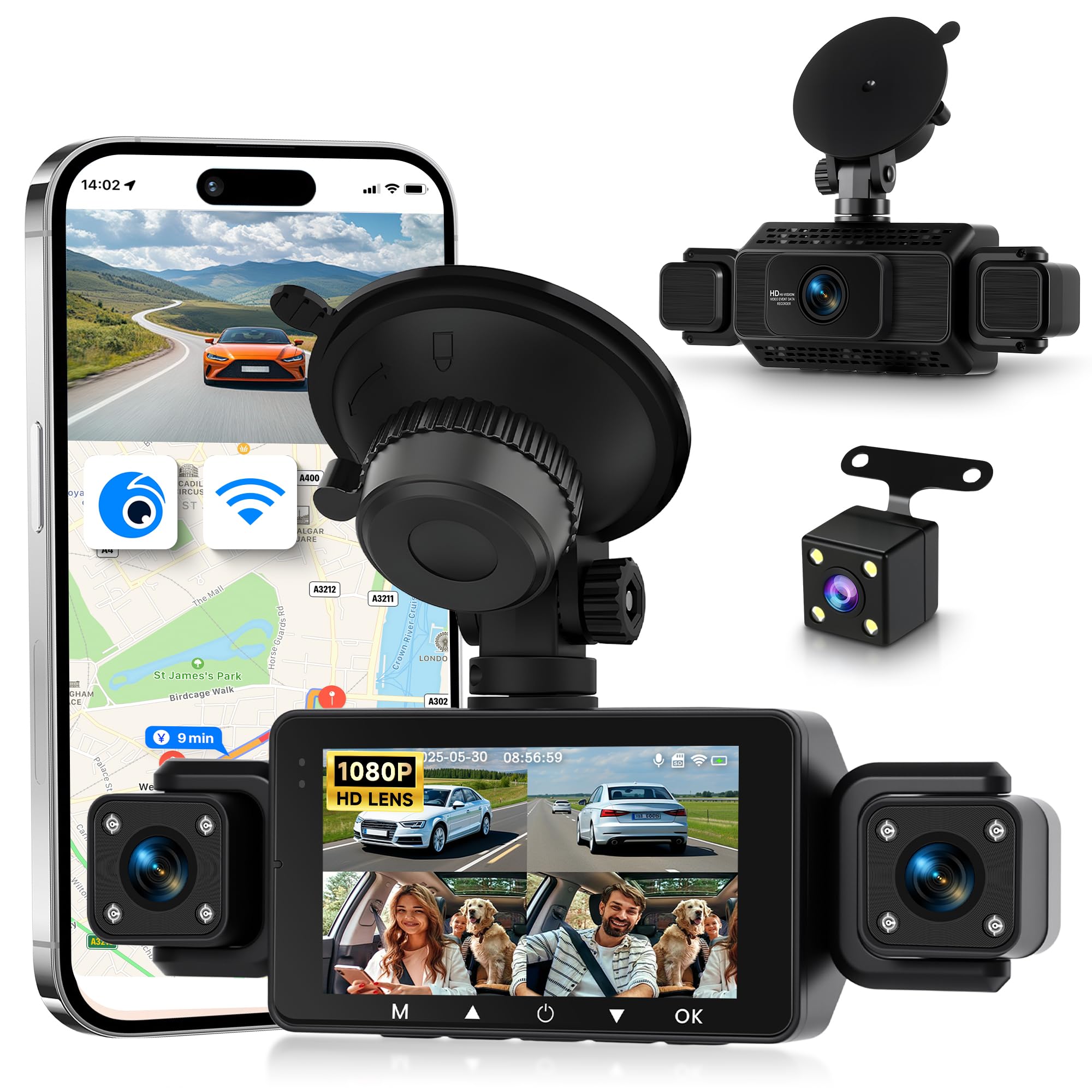 Rimoody 4 Canales WiFi Dashcam para Coche 360°, 1080P Delantera y Trasera Izquierda Derecha, 3 Pulgadas IPS WiFi Dash CAM con Visión Nocturna IR WDR/Control de App/Vídeo en Bucle/24H Monitor/G-Sensor