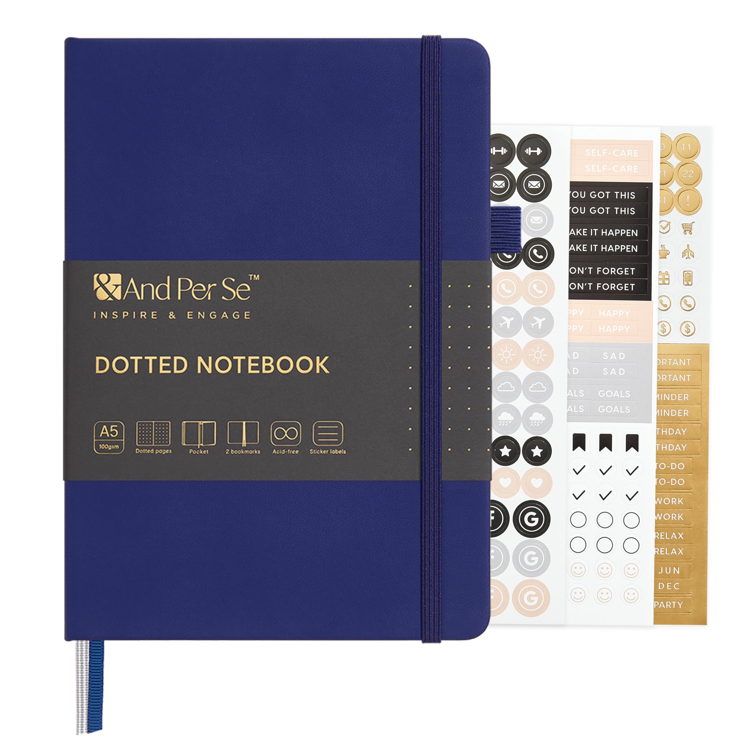 &And Per Se Dotted Journal Notebook, A5 Leather Hardcover, 160 Pages 100GSM Thick Dotted Paper, 3 Sheets of Stickers Included - 5.7'' x 8'' (Royal Blue) — image 1