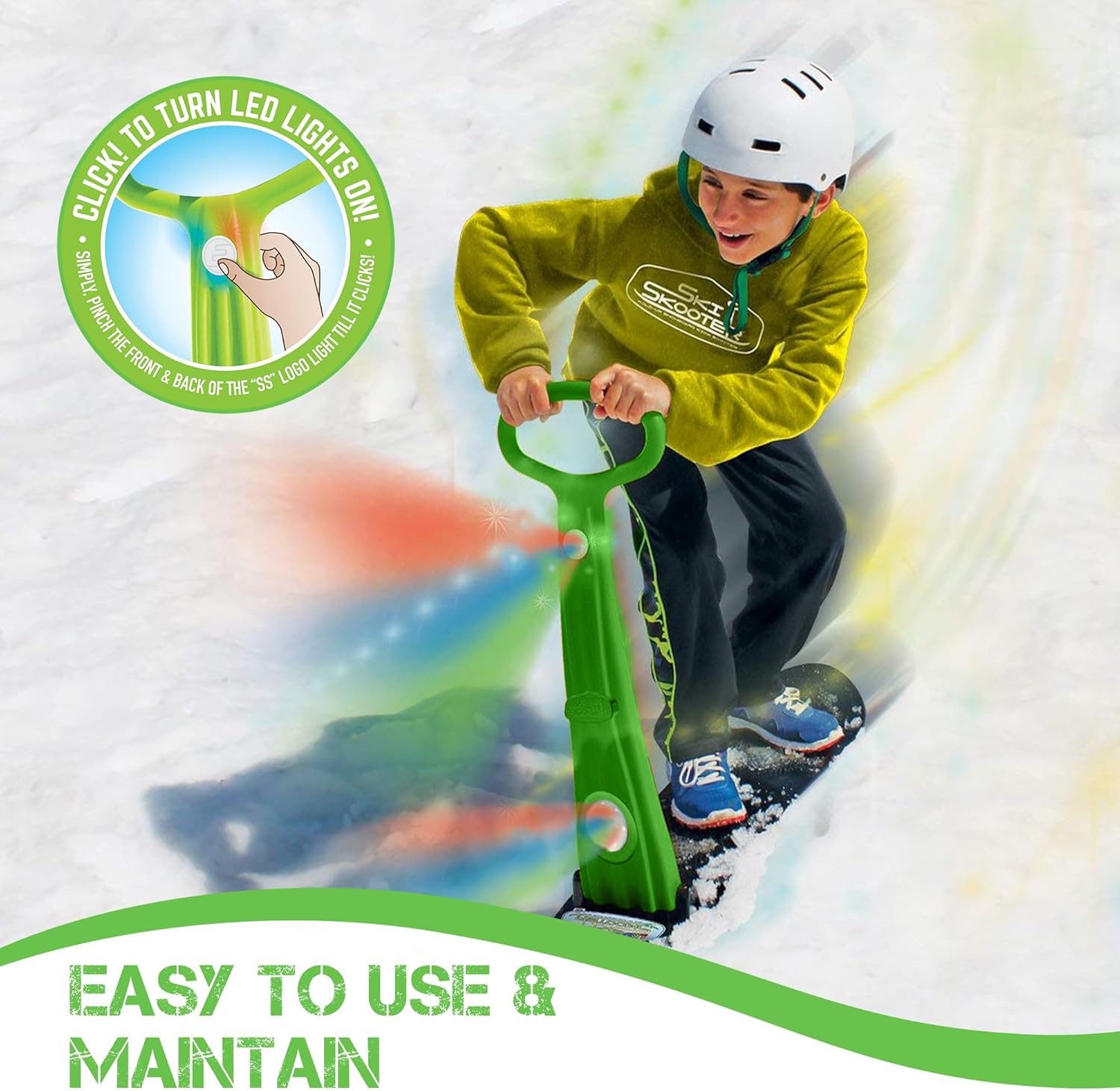 Geospace Winter Fun Foldable Snow Scooter, Ski Skate, Ski Skooter, Snow Sled, Kids Snowboard with 2 LED Light– Multi-Purpose Portable Sandboard, Snow Skate, and Kids/Teenager Sled for All Ages