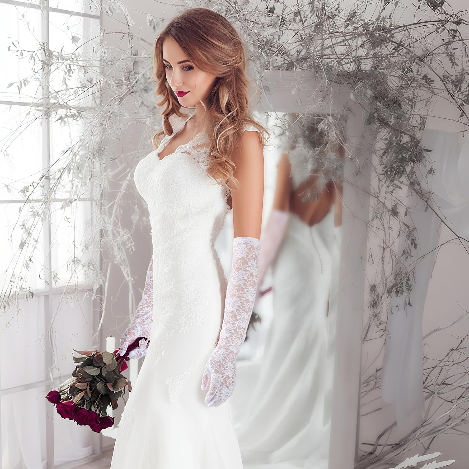 Long Lace Gloves, Elegant Floral Opera Tea Party Gloves for Women, Bridal Wedding Prom Long Glove Costume Accessories - Image 2