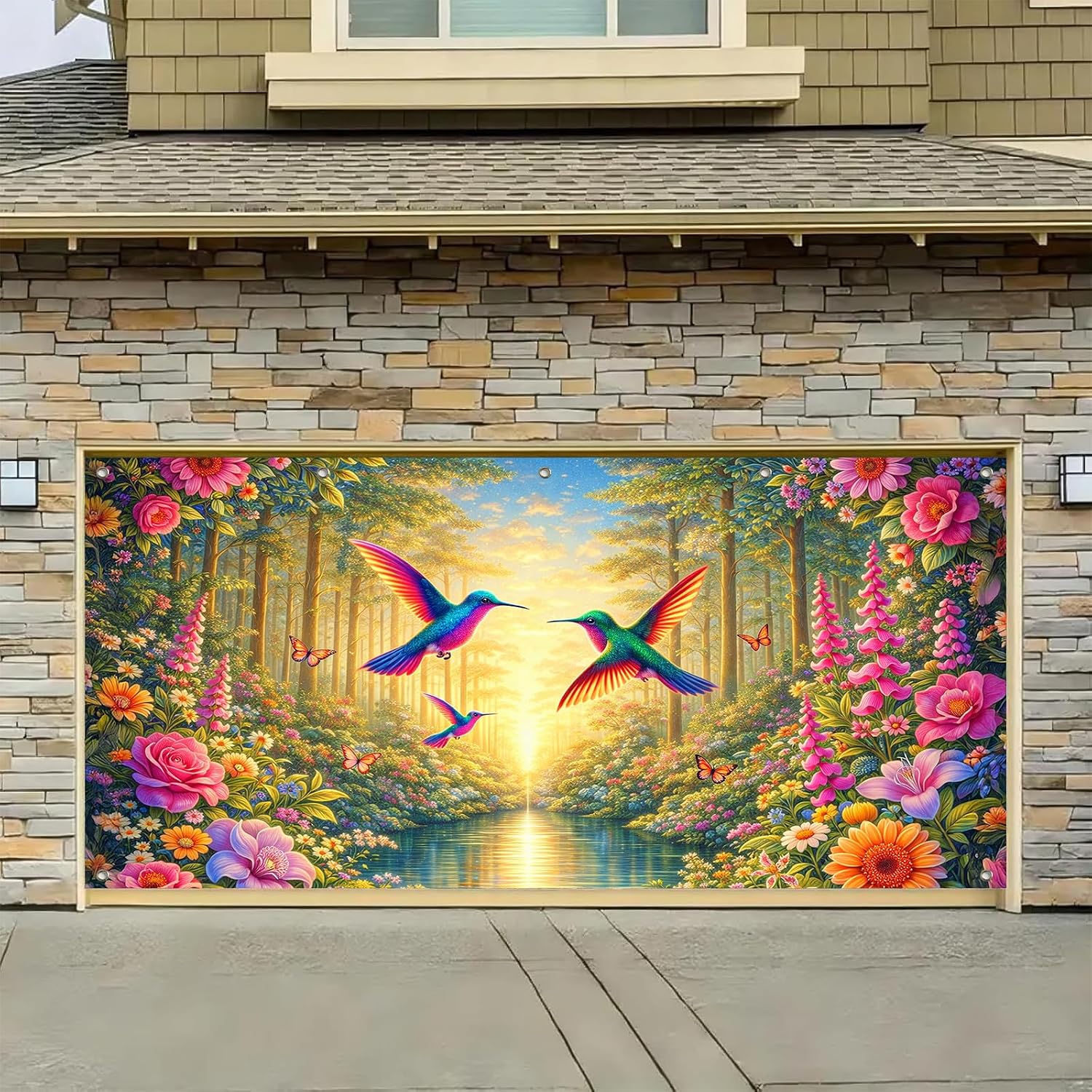 HOMETITUTE 16x7ft Spring Garden Garage Door Banner Featuring Hummingbirds Colorful Flowers and Nature Scenic View Vibrant Floral Garage Door Cover for Spring Seasonal Decorations
