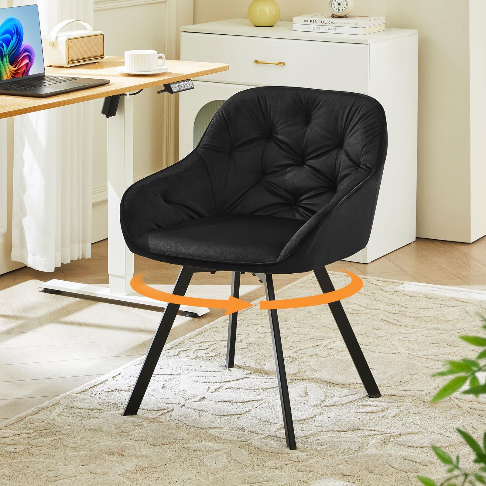 LEMROE 360° Swivel Dining Chair, Velvet Black Vanity Chair without Wheels, Ergonomic Upholstered Office Desk Chair with Arms and Metal Legs for Home Study