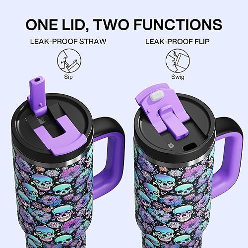 Miniatura 3 de Vaso de Halloween de 40 onzas con asa y pajilla, botella de agua de acero inoxidable aislada con pajilla, a prueba de fugas, apto para portavasos,