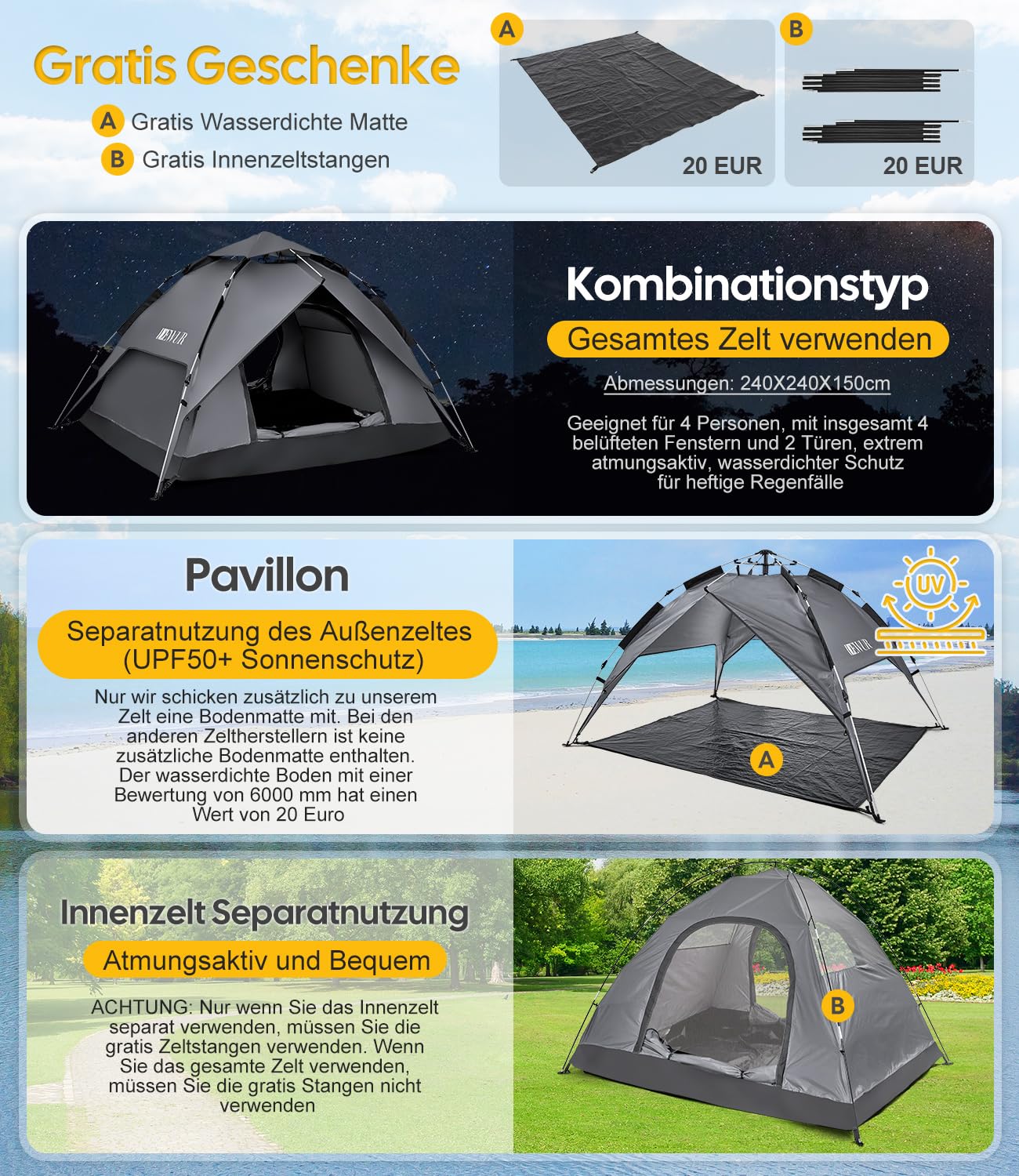 DEWUR Namiot kempingowy dla 2-4 osób, wodoszczelny, rozkładany namiot kopułowy, namiot rodzinny, namiot plażowy, namiot pawilonowy, ochrona przed promieniowaniem UV, do trekkingu, kempingu, aktywności na świeżym powietrzu, festiwalu