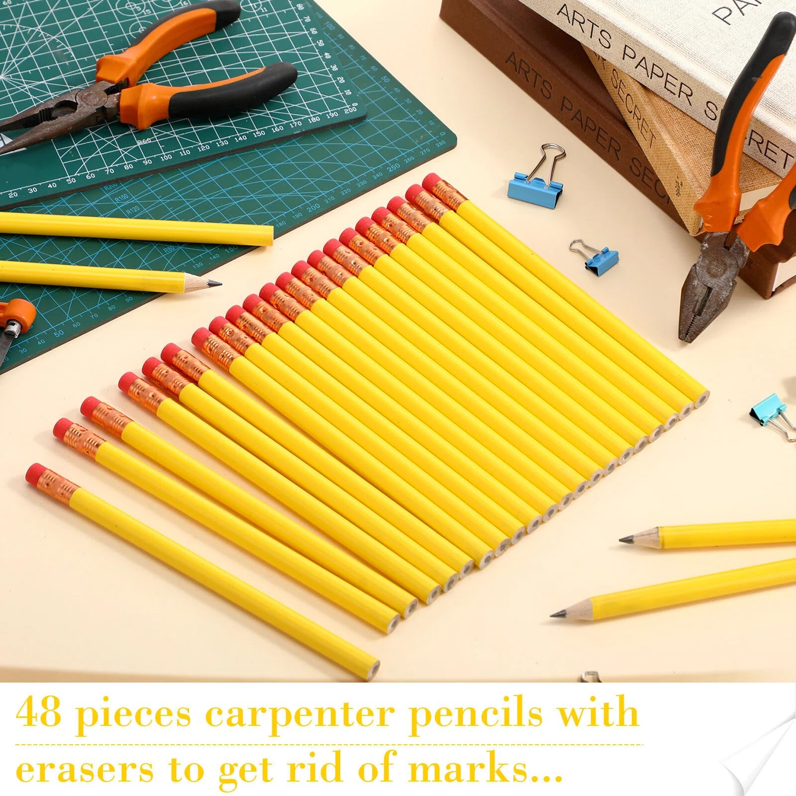 Fainne Lot de 48 crayons ronds géants en bois avec noyau noir pour charpentiers, travailleurs du bâtiment, encadreurs, débutants, étudiants, enseignants, projet de bricolage (jaune, rond)
